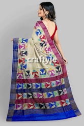 Multicolor fish motif hand block print zari border pure tussar silk saree woman colorful patterned saree 4