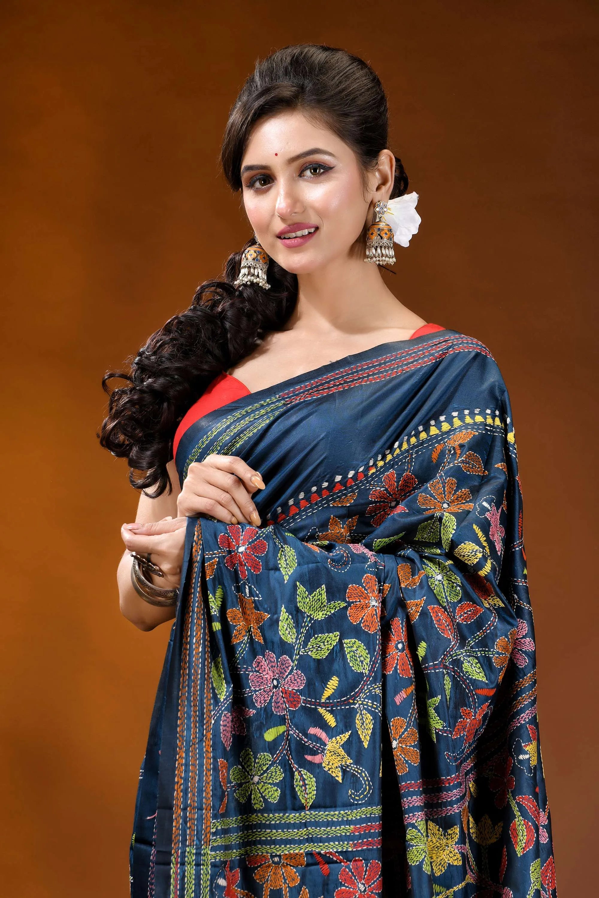 Multicolor floral design hand embroidered silk kantha stitch saree in nile blue navy blue silk saree adorned 2