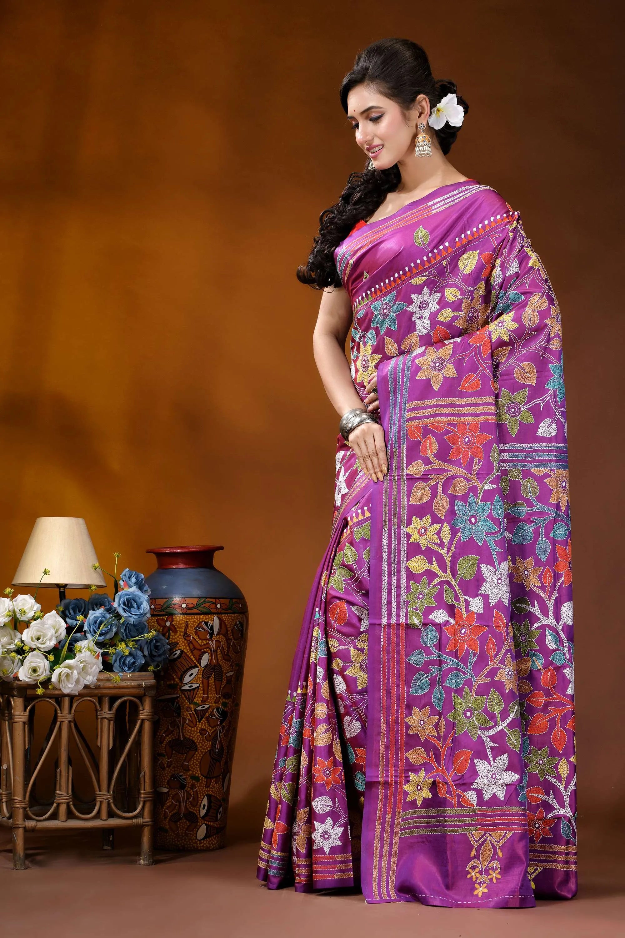 Multicolor floral design handmade purple silk kantha stitch saree vibrant purple saree adorned intricate 3
