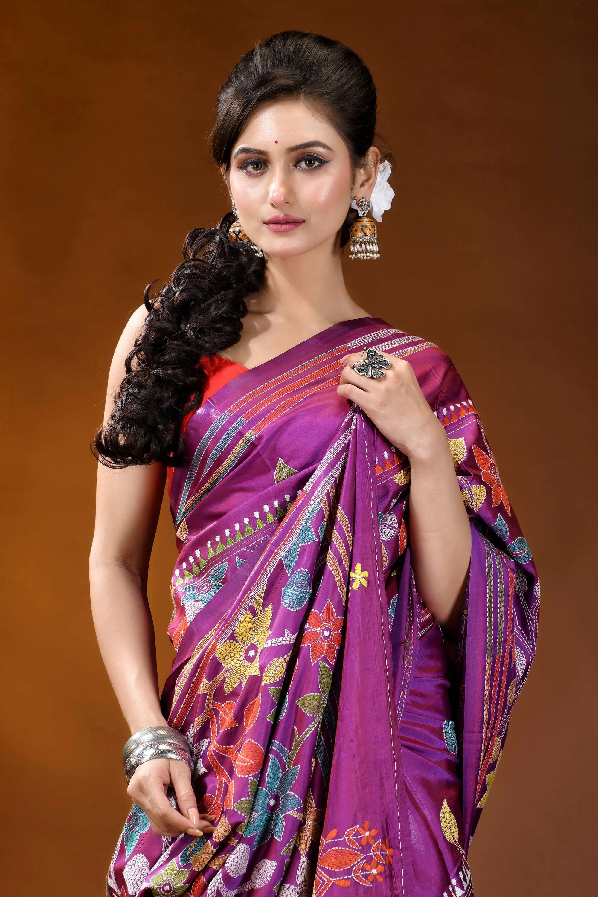 Multicolor floral design handmade purple silk kantha stitch saree vibrant purple saree intricate floral 2