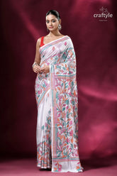 Multicolor floral exclusive white kantha silk saree elegant white saree colorful floral 1