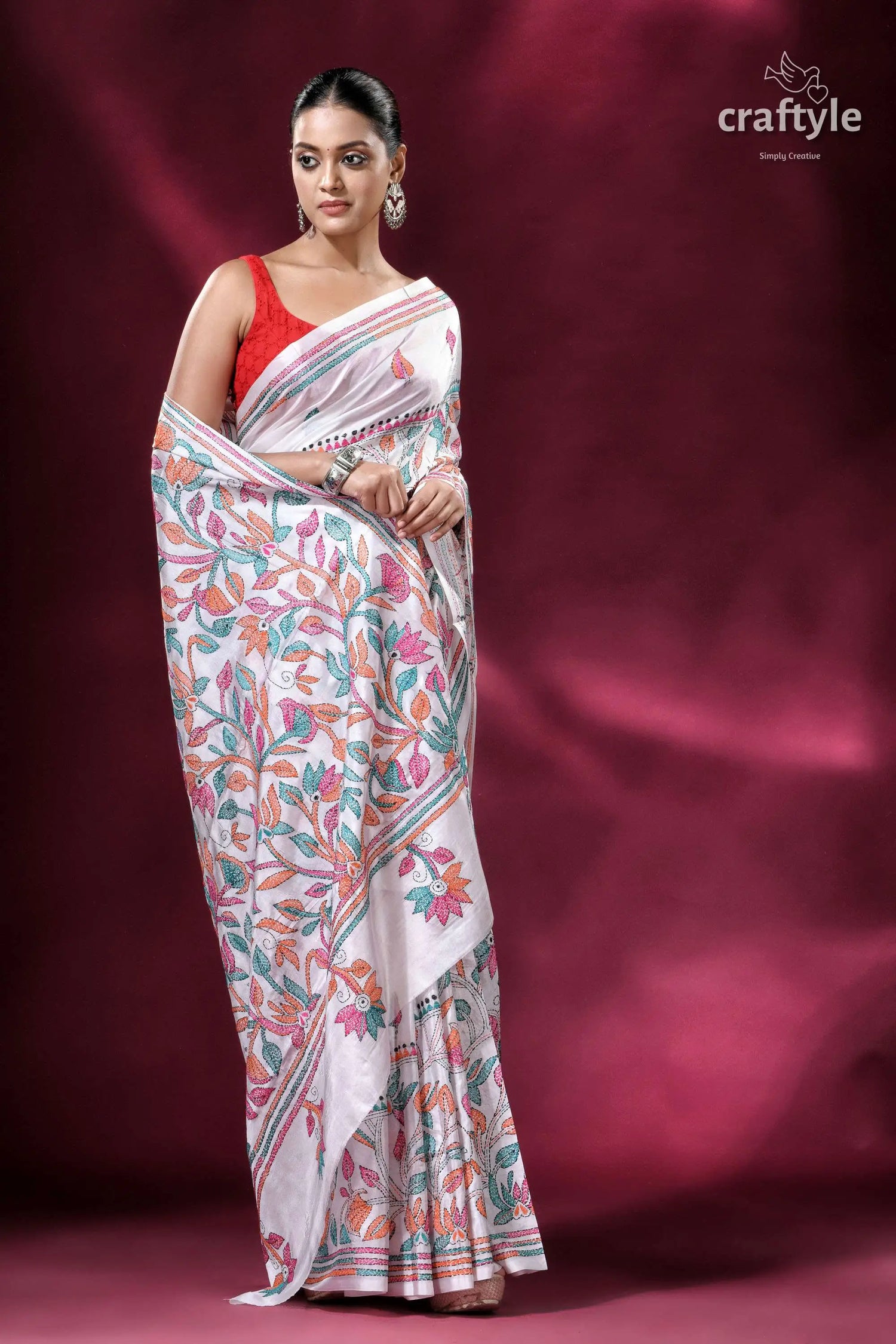 Multicolor floral exclusive white kantha silk saree woman white floral saree 5