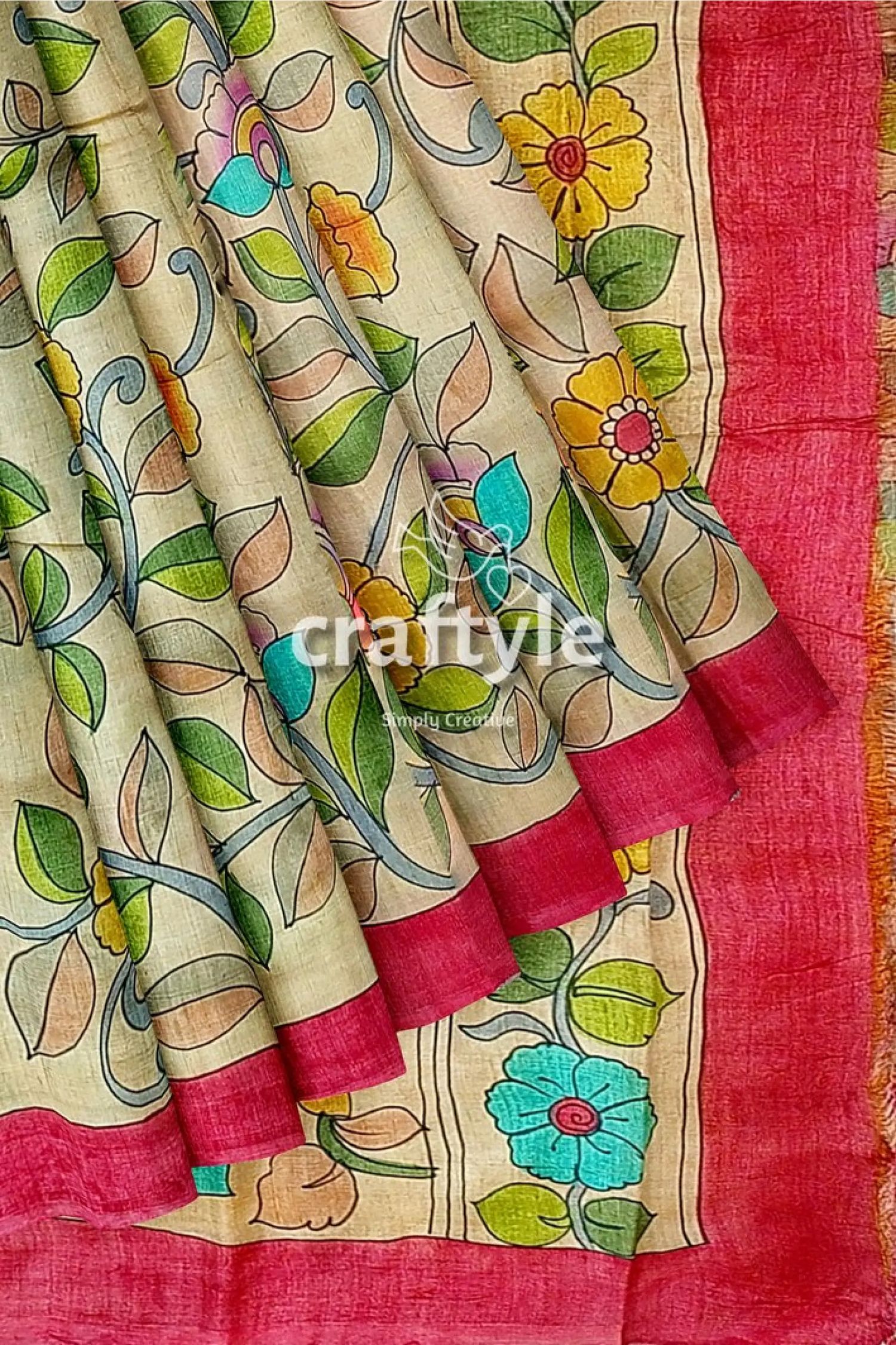Multicolor floral hand painted pure tussar kalamkari saree floral-patterned saree pink border 8
