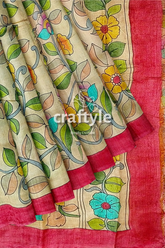 Multicolor floral hand painted pure tussar kalamkari saree floral-patterned saree pink border 8