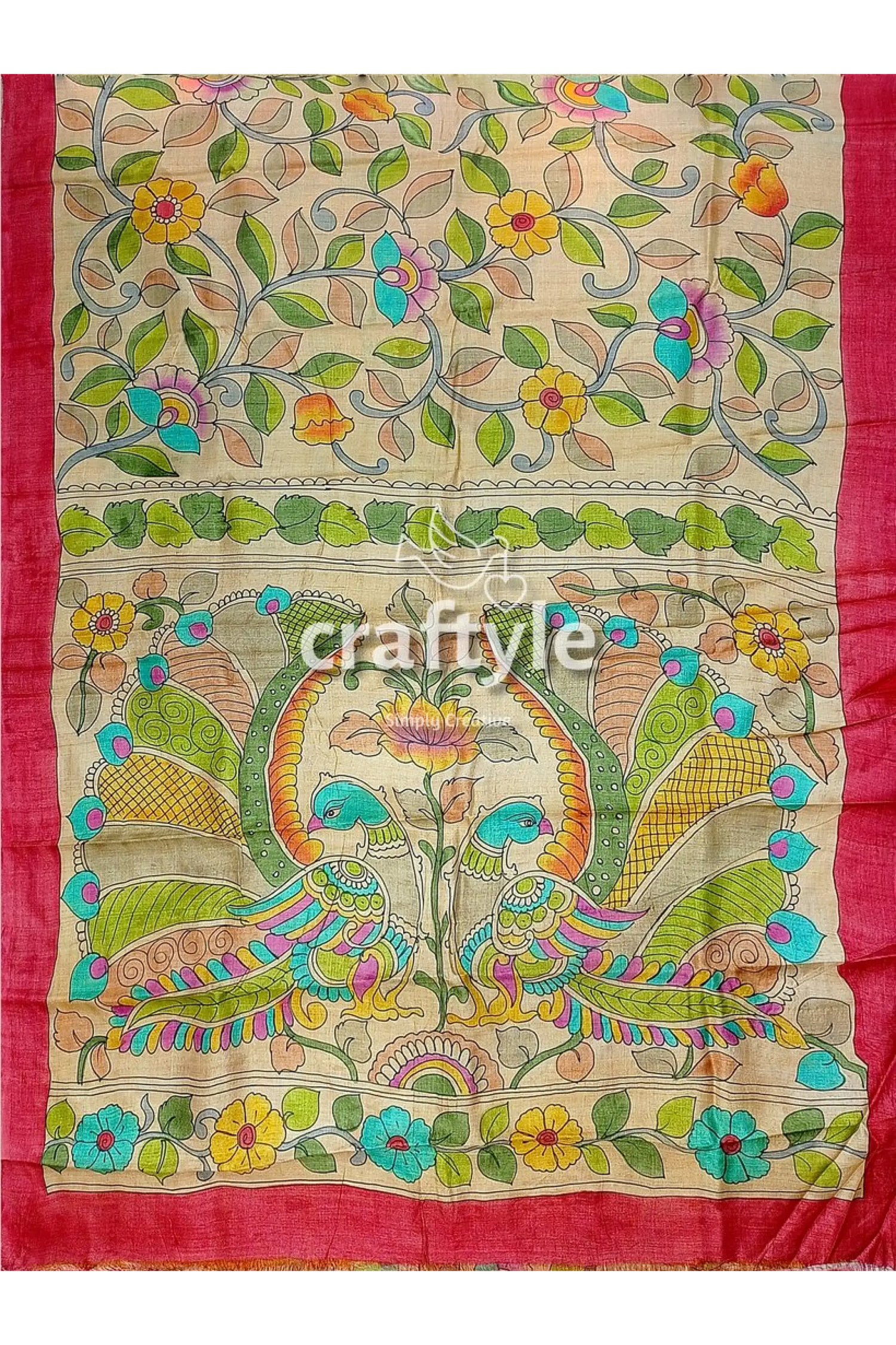 Multicolor floral hand painted pure tussar kalamkari saree hand-painted silk fabric floral peacock 7