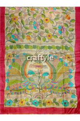 Multicolor floral hand painted pure tussar kalamkari saree hand-painted silk fabric floral peacock 7