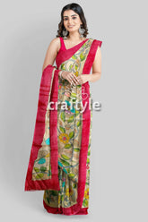 Multicolor floral hand painted pure tussar kalamkari saree floral-patterned saree red border 4