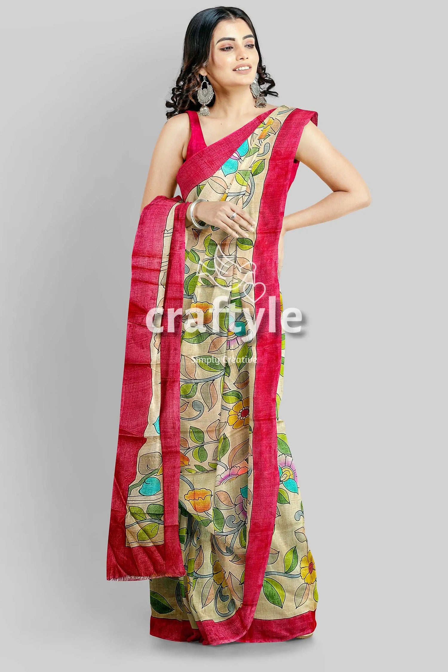 Multicolor floral hand painted pure tussar kalamkari saree floral-patterned saree red border 3