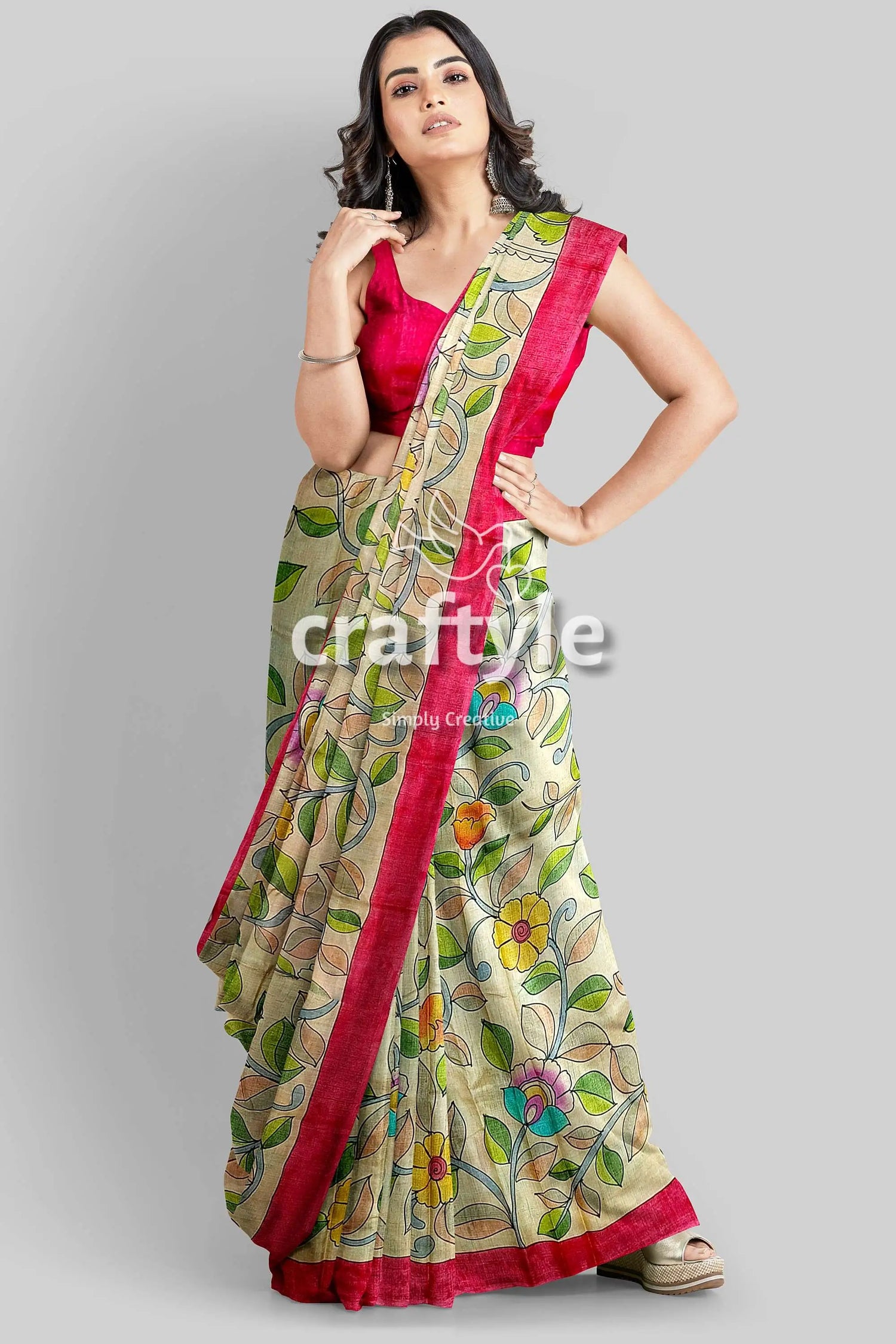 Multicolor floral hand painted pure tussar kalamkari saree floral-patterned saree pink border 5