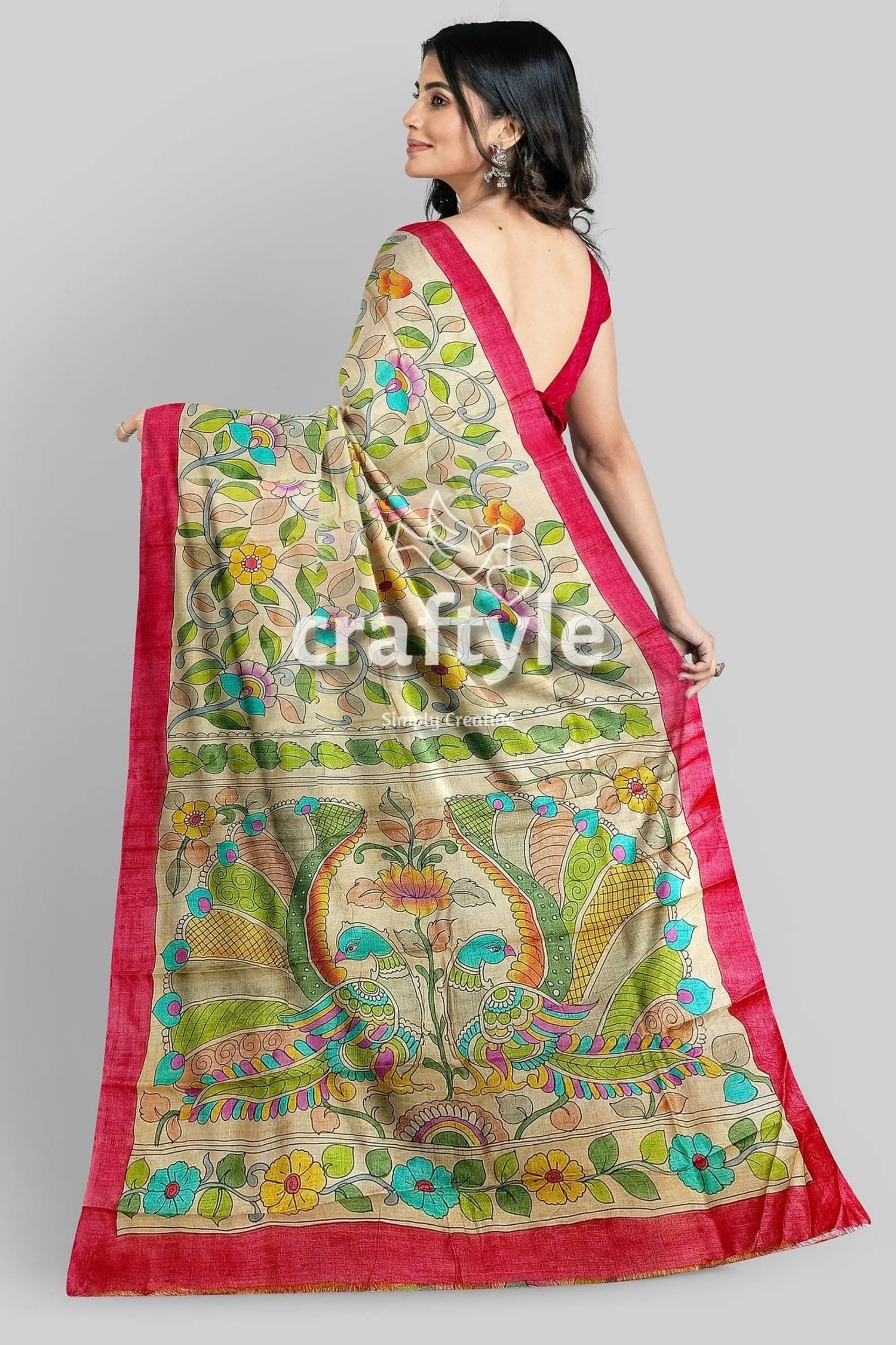Multicolor floral hand painted pure tussar kalamkari saree woman floral peacock-patterned saree red 6