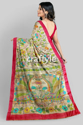 Multicolor floral hand painted pure tussar kalamkari saree woman floral peacock-patterned saree red 6
