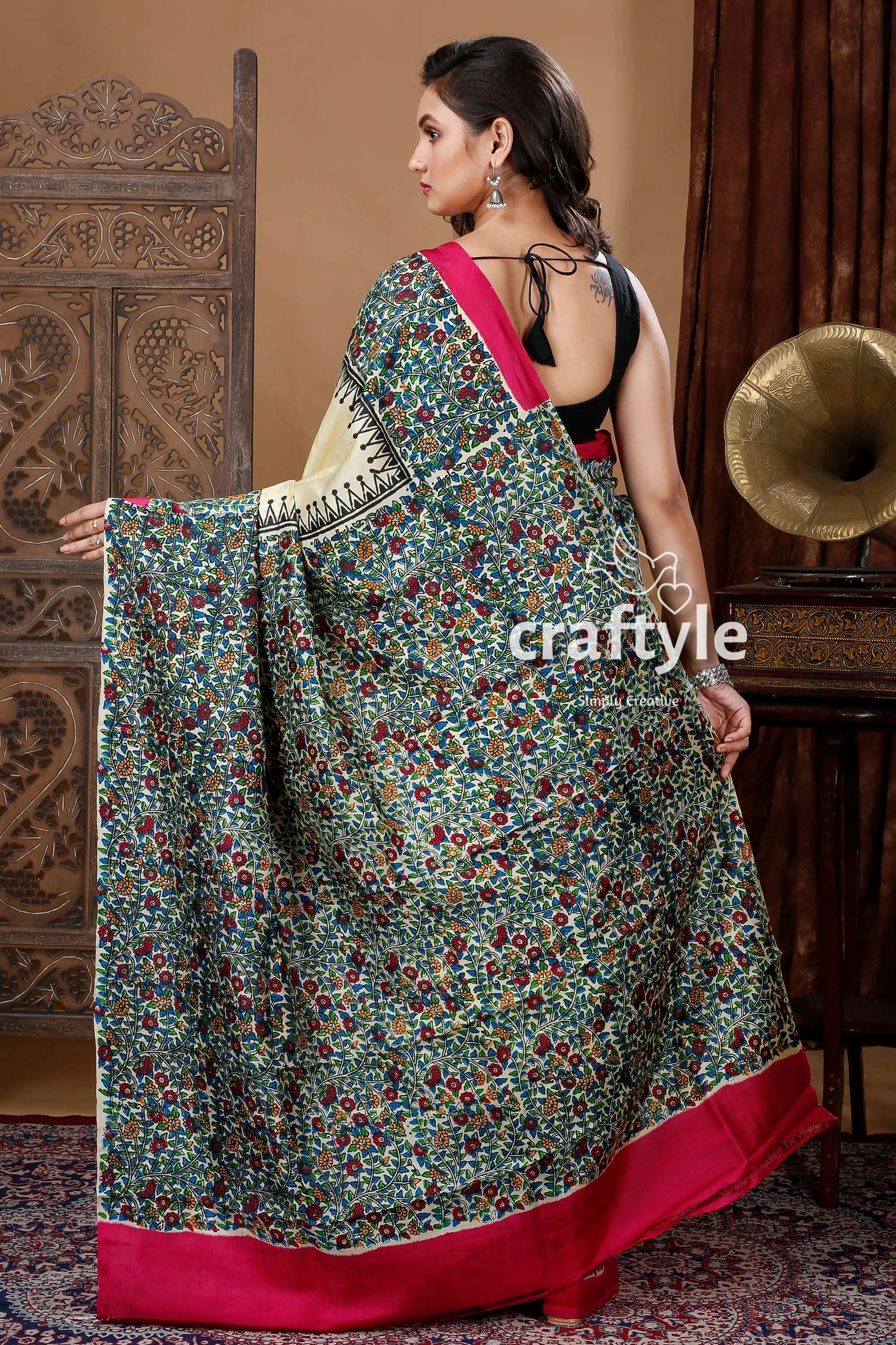 Multicolor floral motif hand block mulberry pure silk saree floral-patterned saree pink border 5