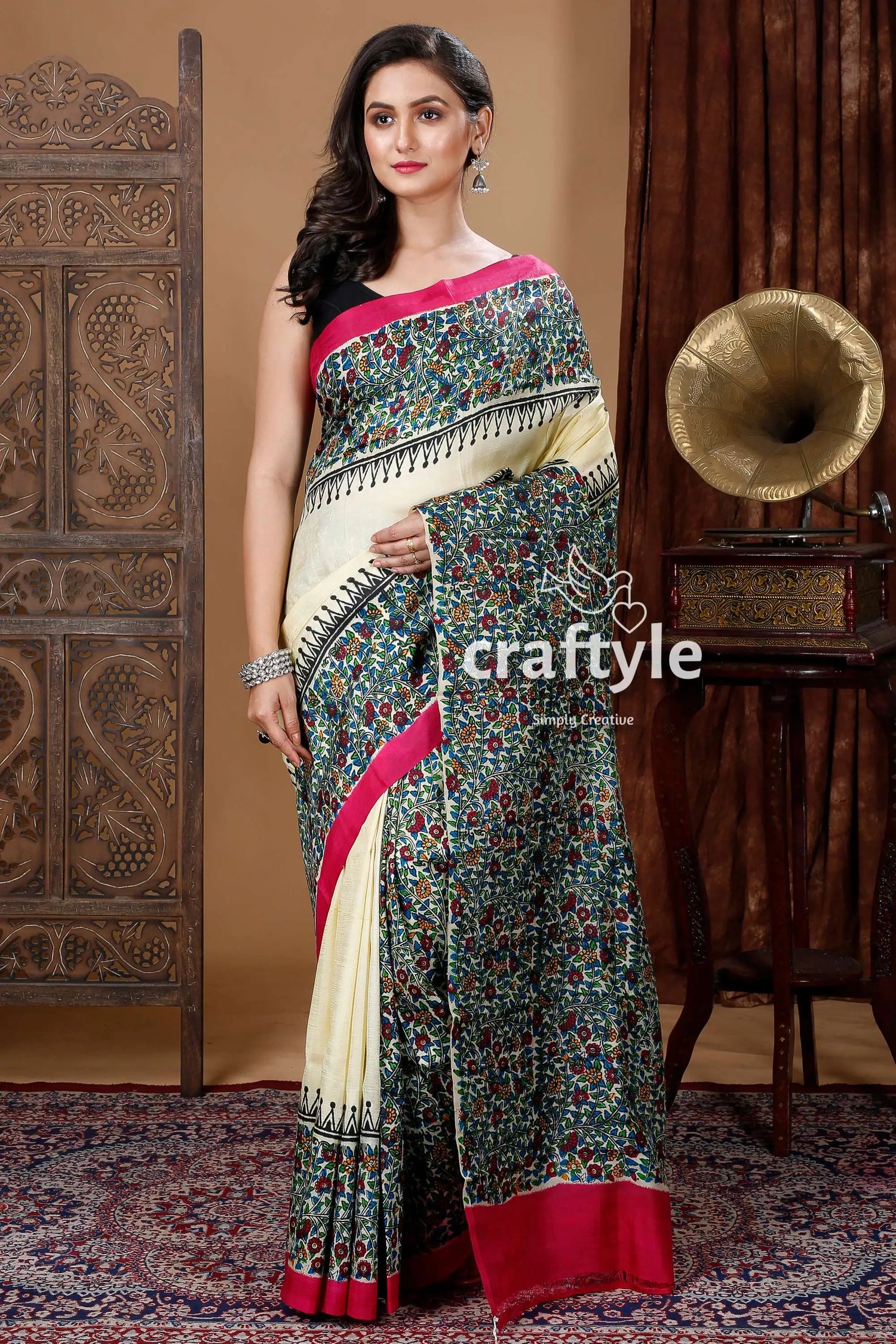 Multicolor floral motif hand block mulberry pure silk saree woman floral saree pink border 1