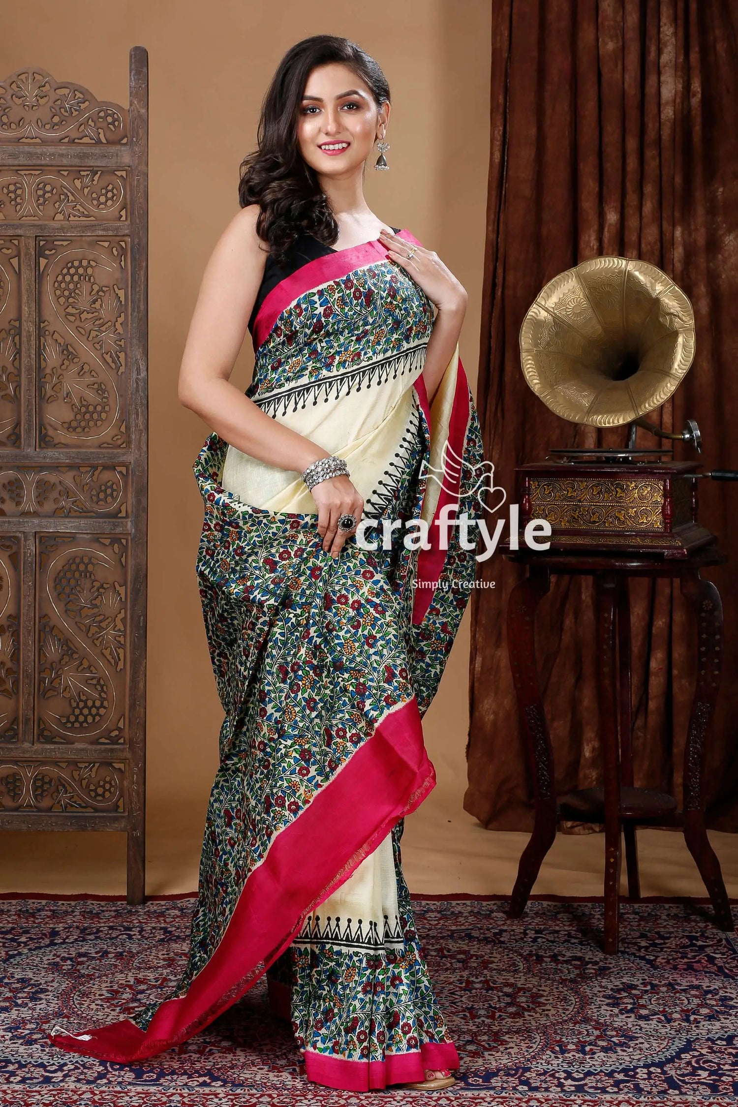 Multicolor floral motif hand block mulberry pure silk saree woman floral saree 3