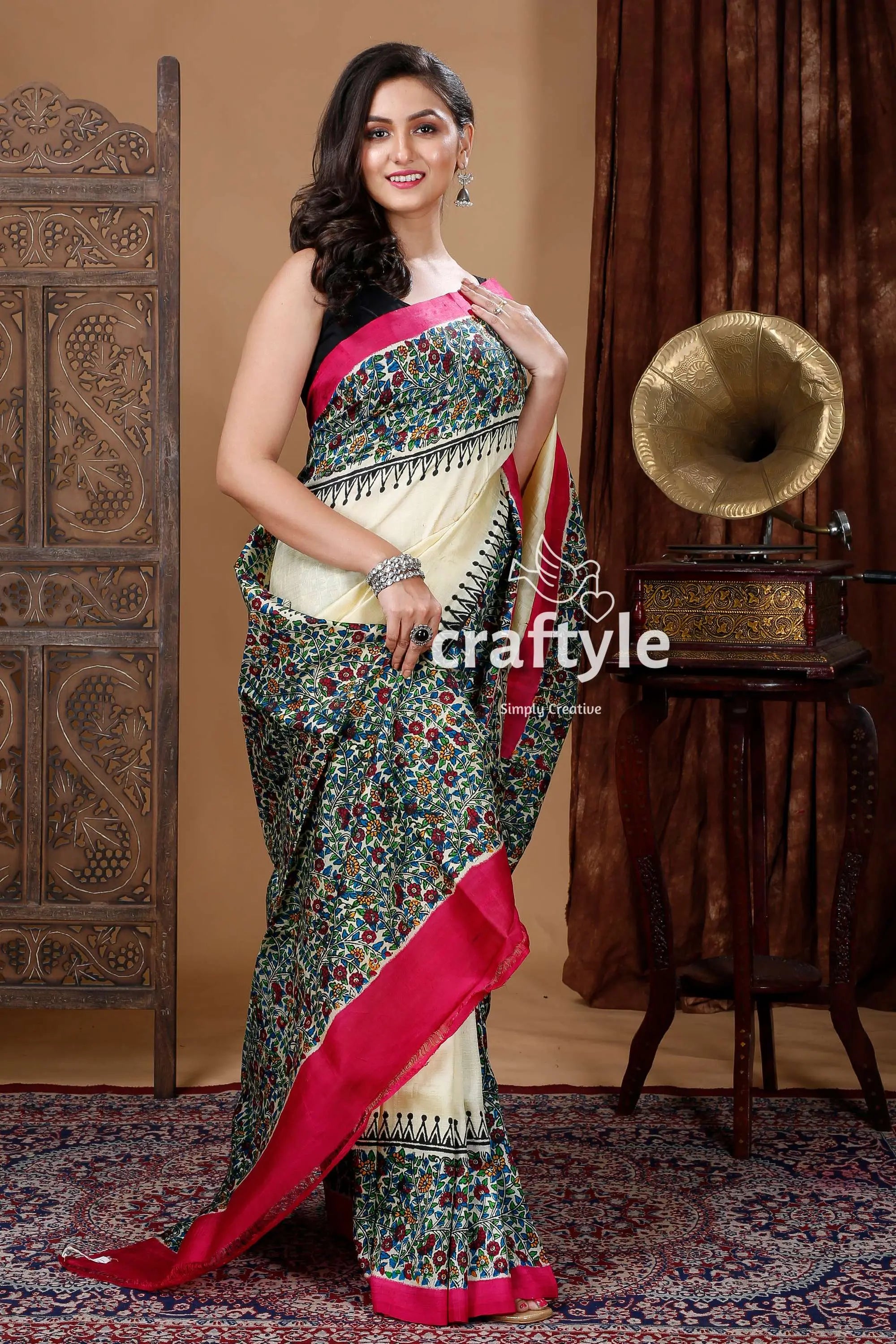 Multicolor floral motif hand block mulberry pure silk saree woman floral saree 3