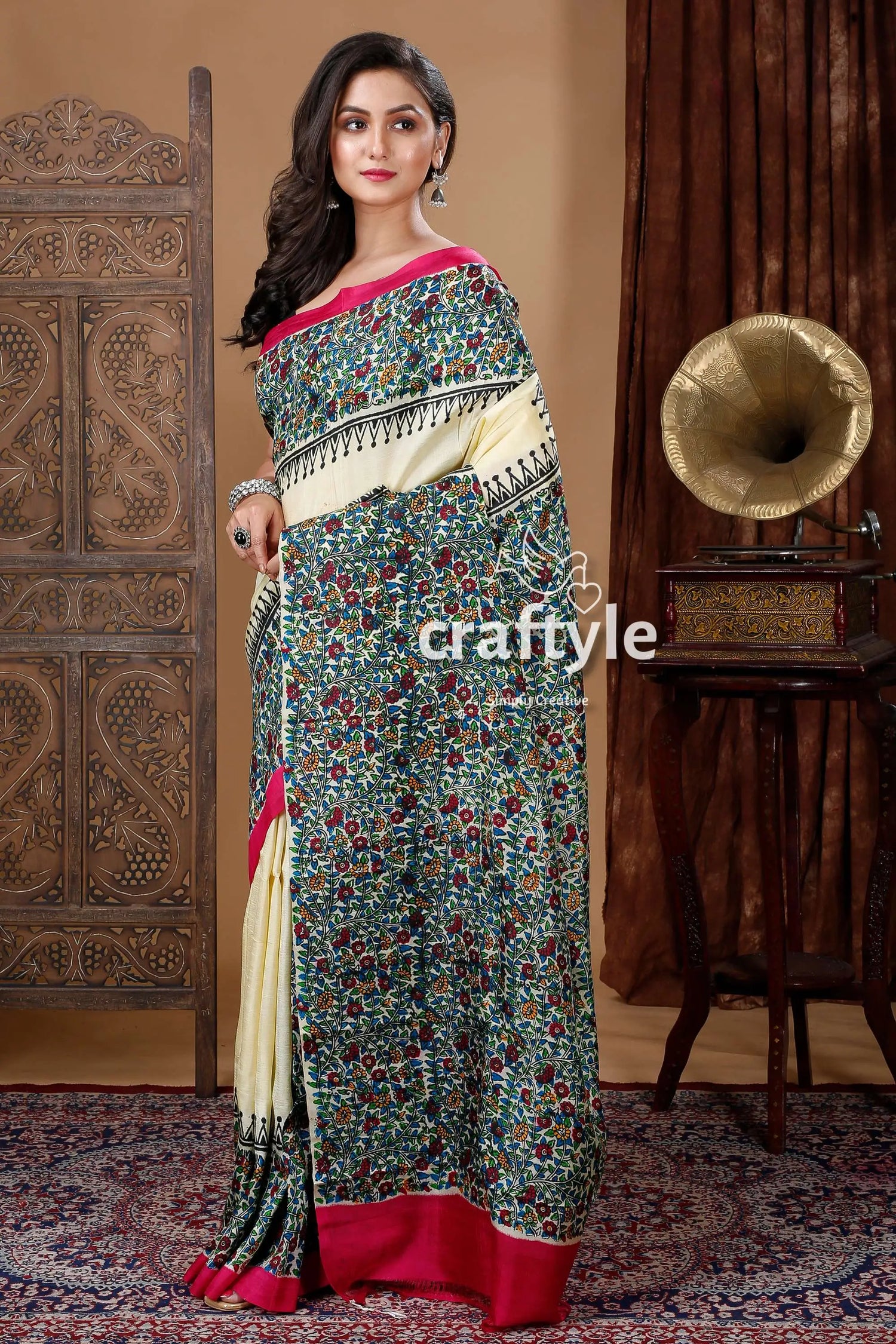 Multicolor floral motif hand block mulberry pure silk saree floral-patterned saree pink trim 4