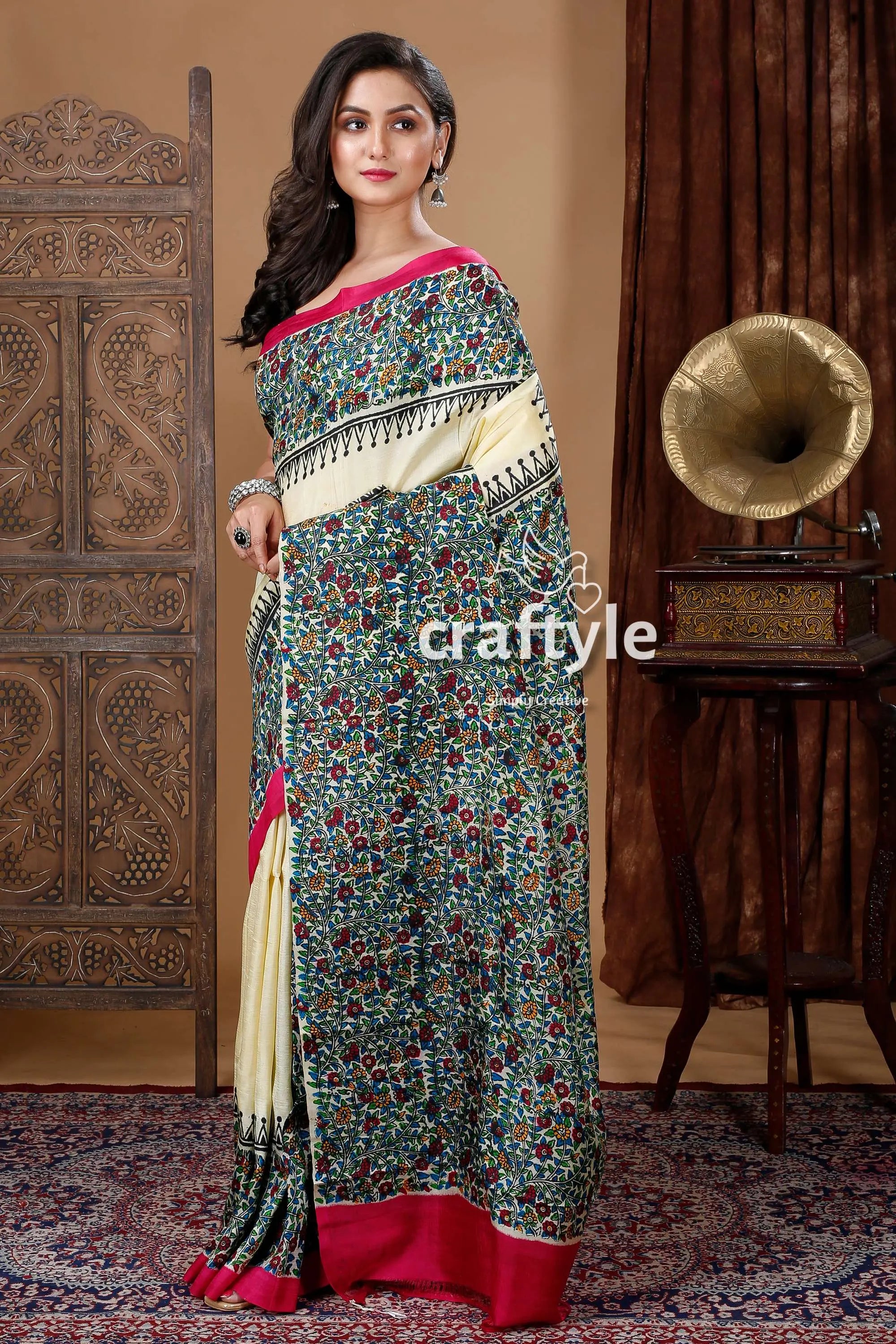 Multicolor floral motif hand block mulberry pure silk saree floral-patterned saree pink trim 4