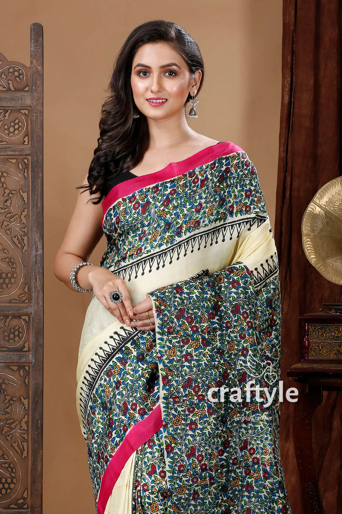 Multicolor floral motif hand block mulberry pure silk saree woman floral-patterned saree 2