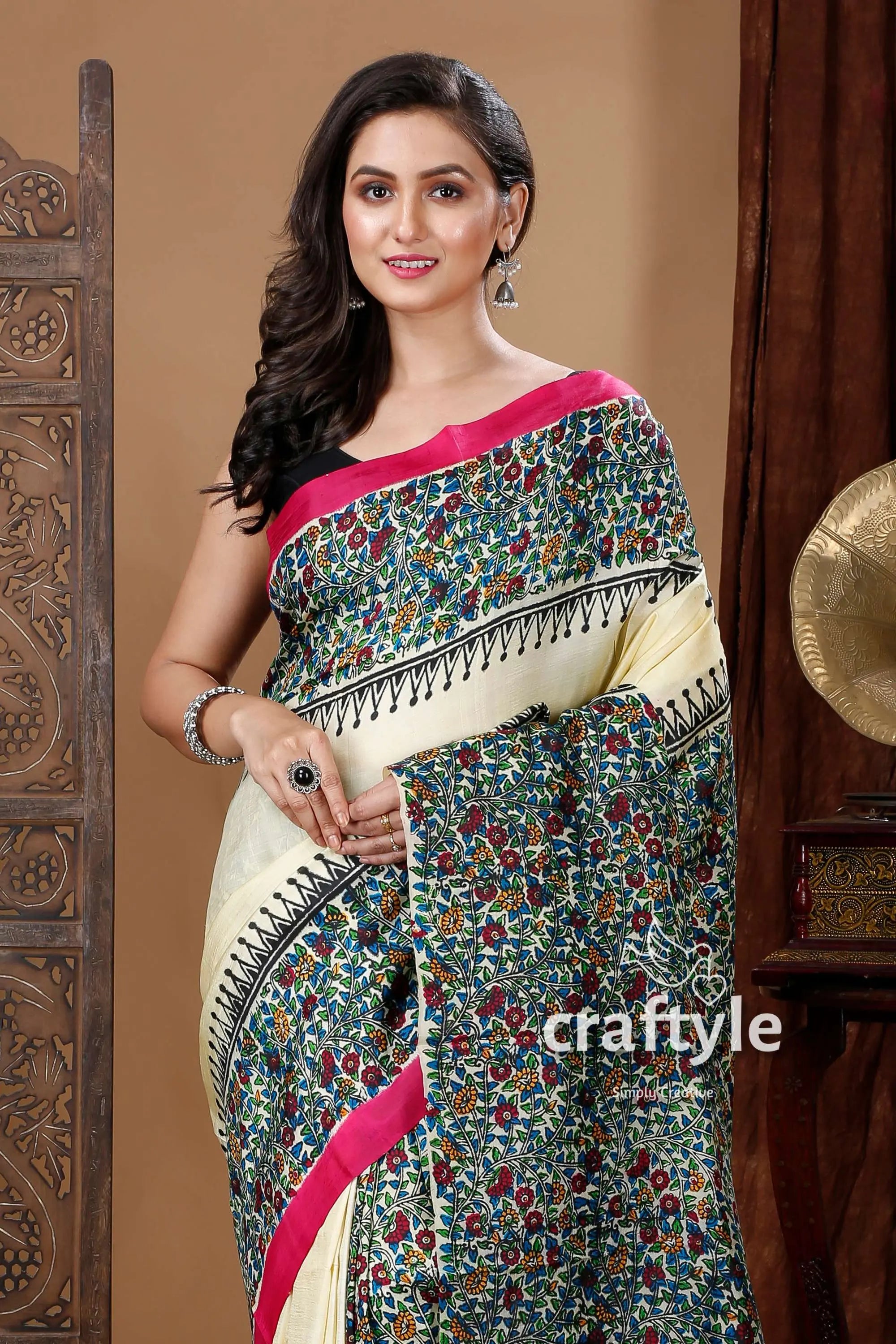 Multicolor floral motif hand block mulberry pure silk saree woman floral-patterned saree 2