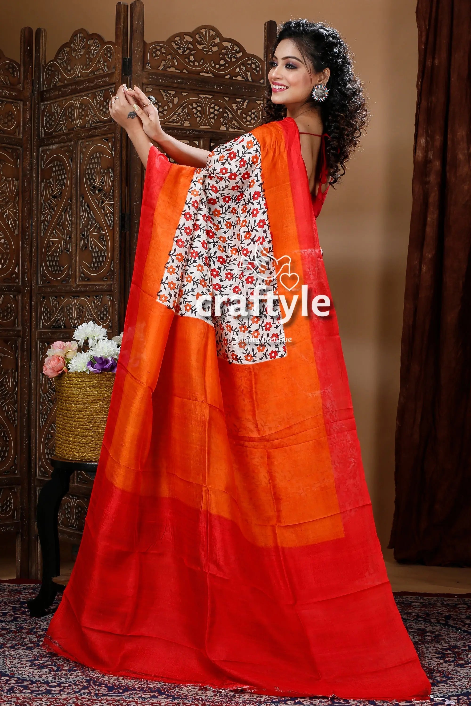 Multicolor floral motif hand block pure mulberry silk saree woman colorful saree 4