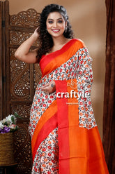 Multicolor floral motif hand block pure mulberry silk saree floral-patterned saree orange red borders 2