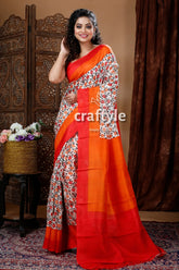 Multicolor floral motif hand block pure mulberry silk saree floral orange-red saree 1