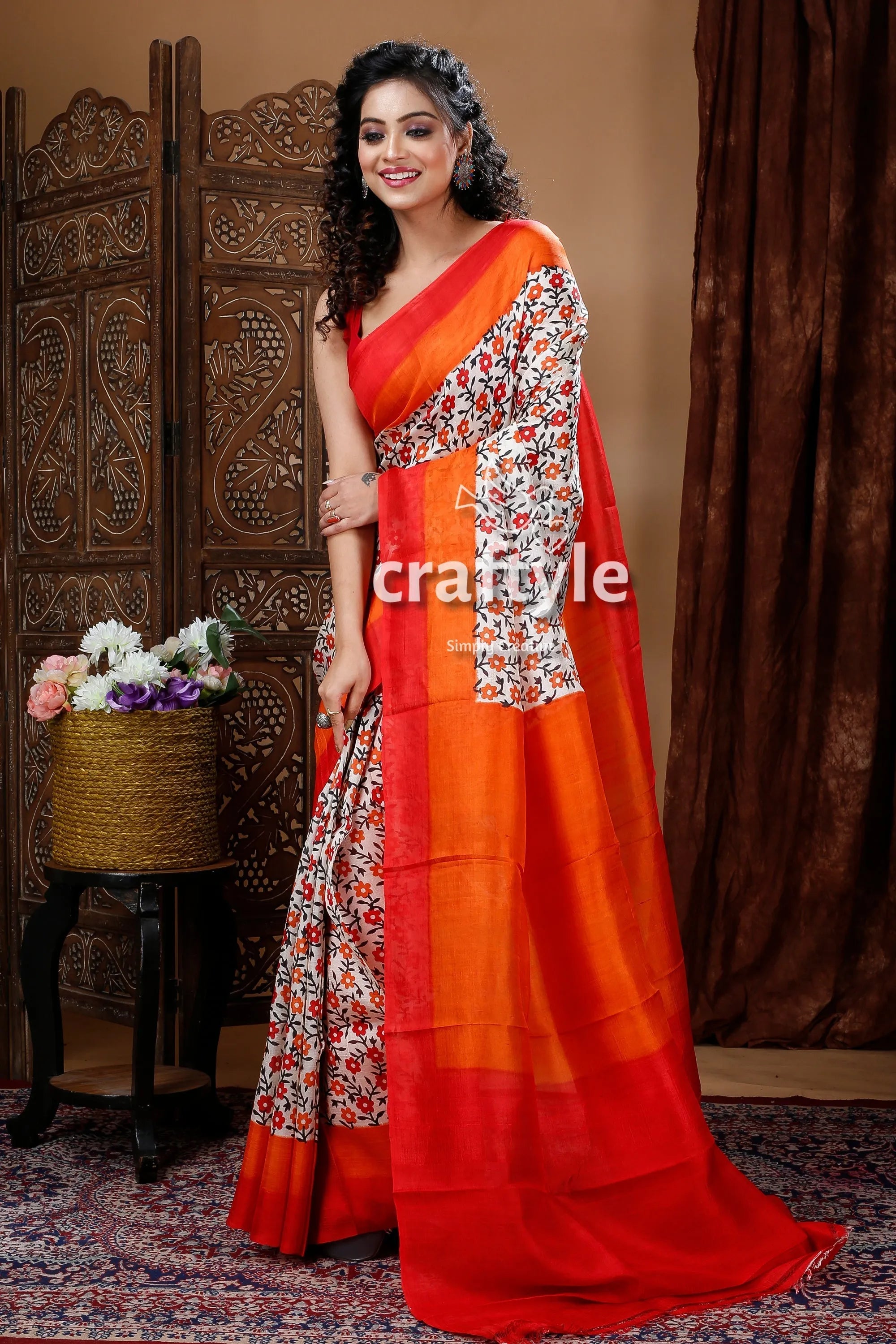 Multicolor floral motif hand block pure mulberry silk saree woman floral orange saree 3