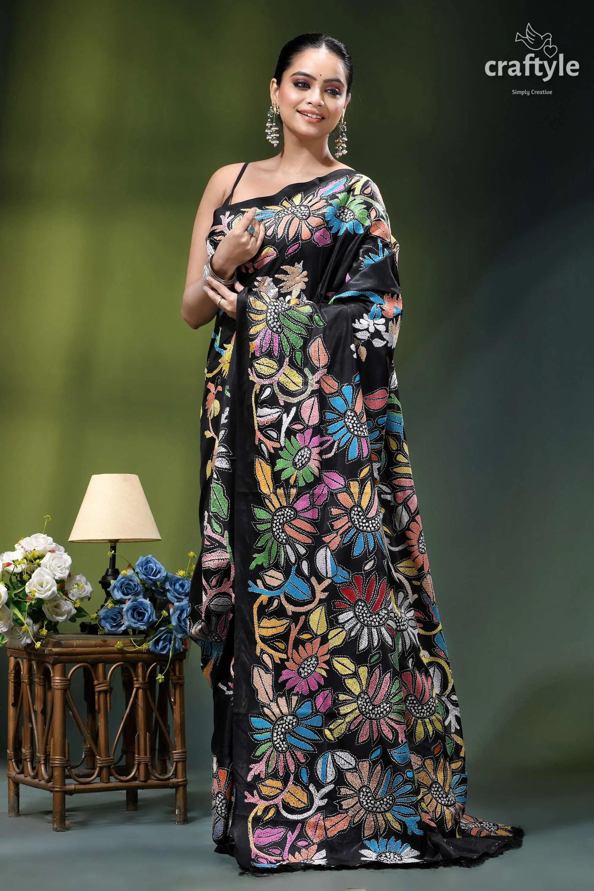Multicolor flower motif designer kantha stitched silk saree in black black saree adorned vibrant multicolored 4