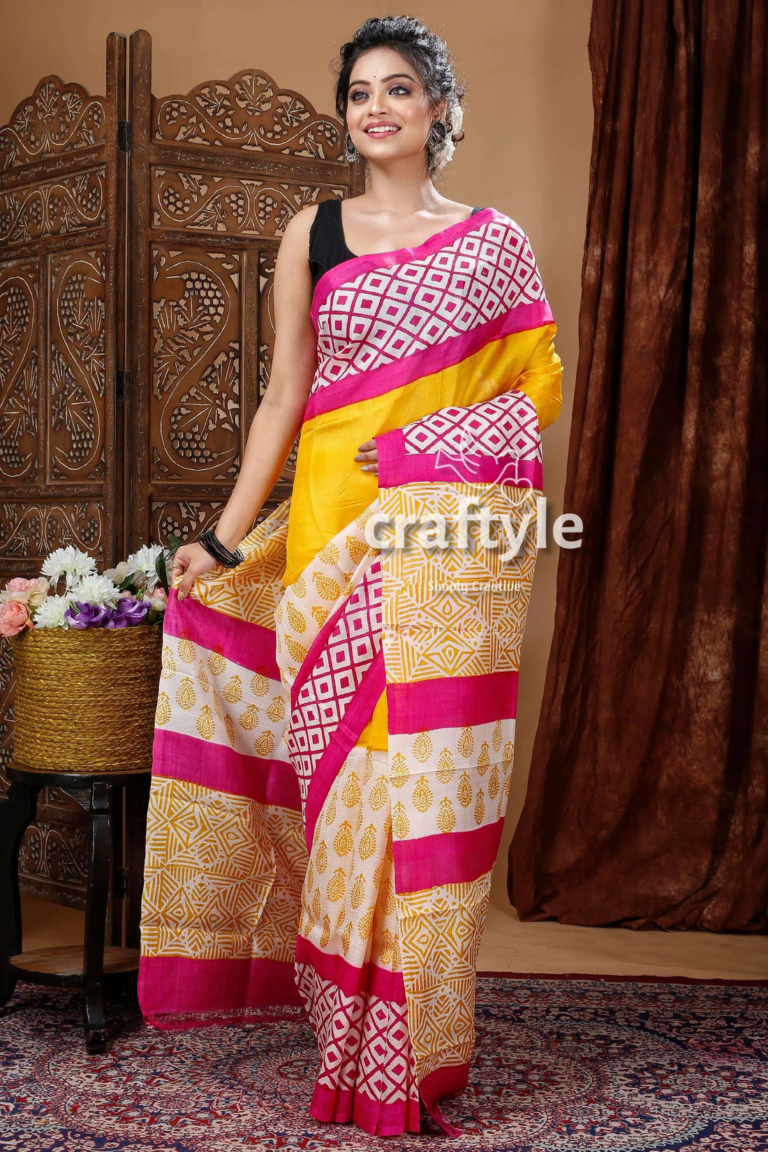 Multicolor geometric design hand block pure mulberry silk saree woman yellow pink saree 2