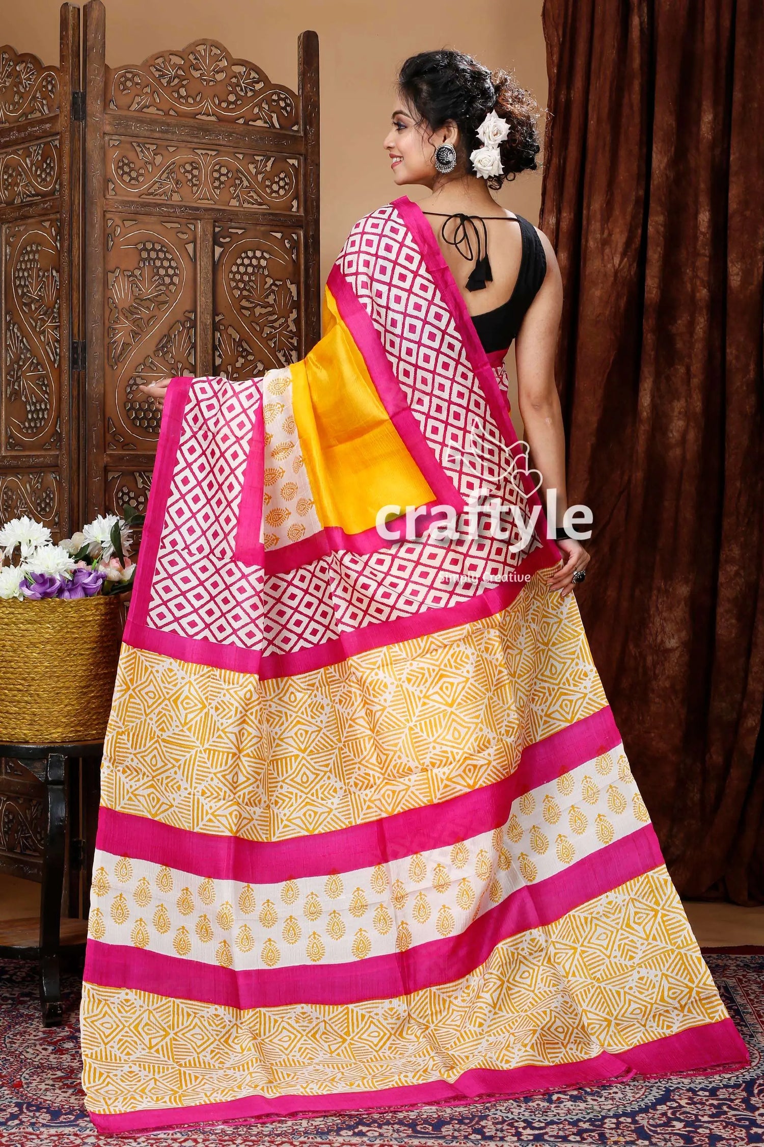 Multicolor geometric design hand block pure mulberry silk saree yellow pink patterned saree 5