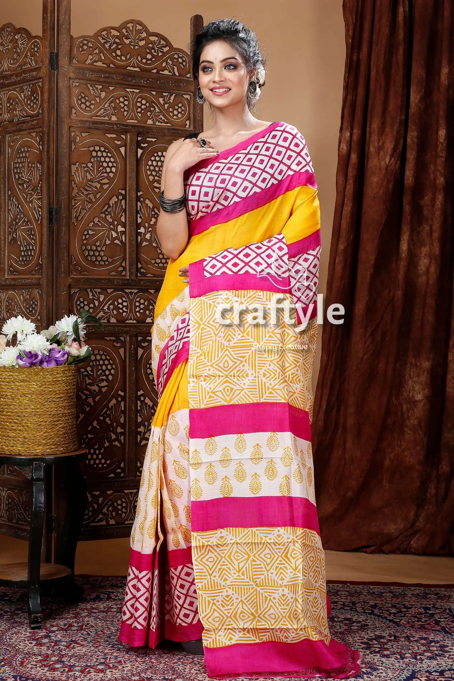 Multicolor geometric design hand block pure mulberry silk saree woman pink yellow white patterned 1