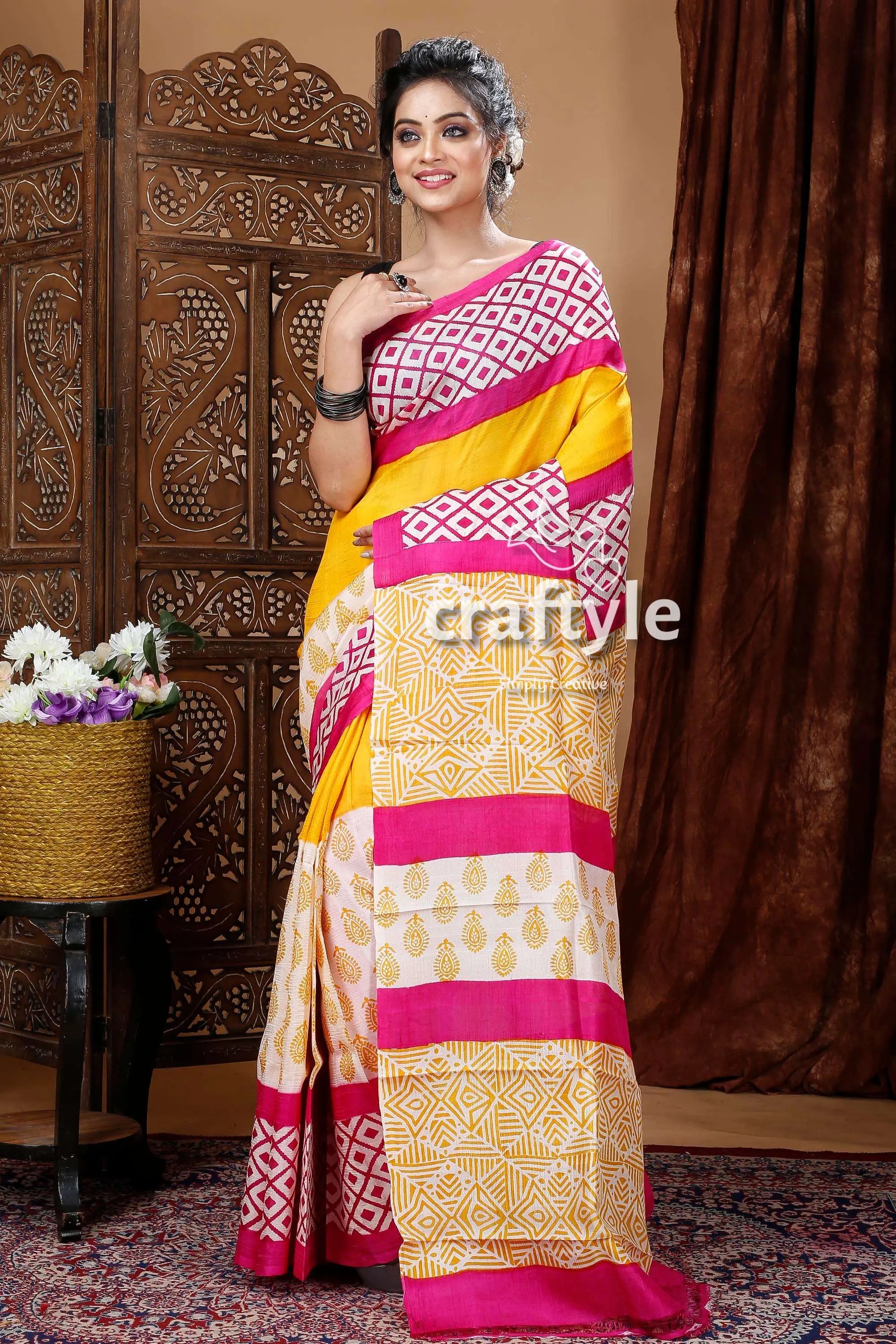 Multicolor geometric design hand block pure mulberry silk saree woman pink yellow white patterned 1