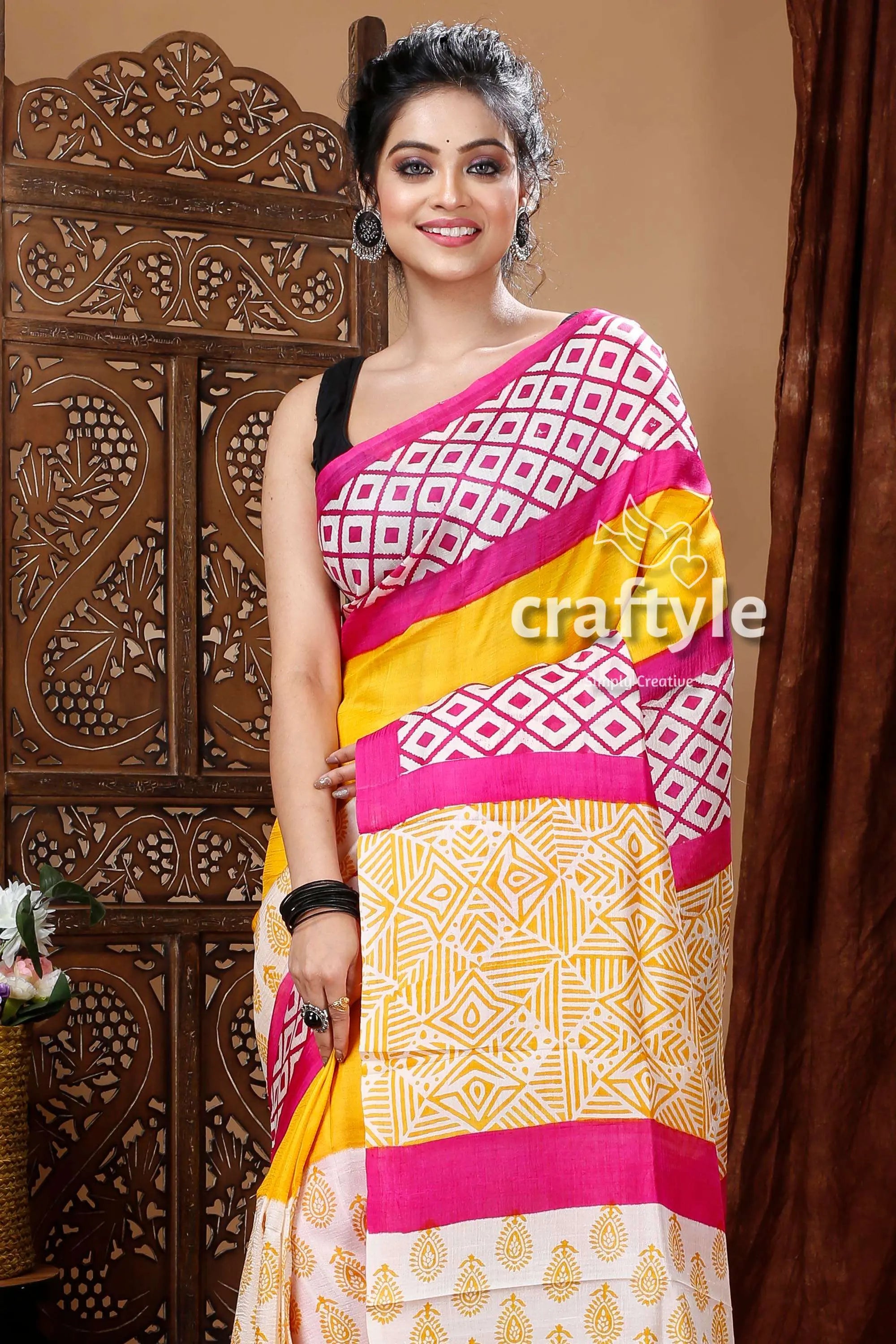Multicolor geometric design hand block pure mulberry silk saree colorful patterned saree 3