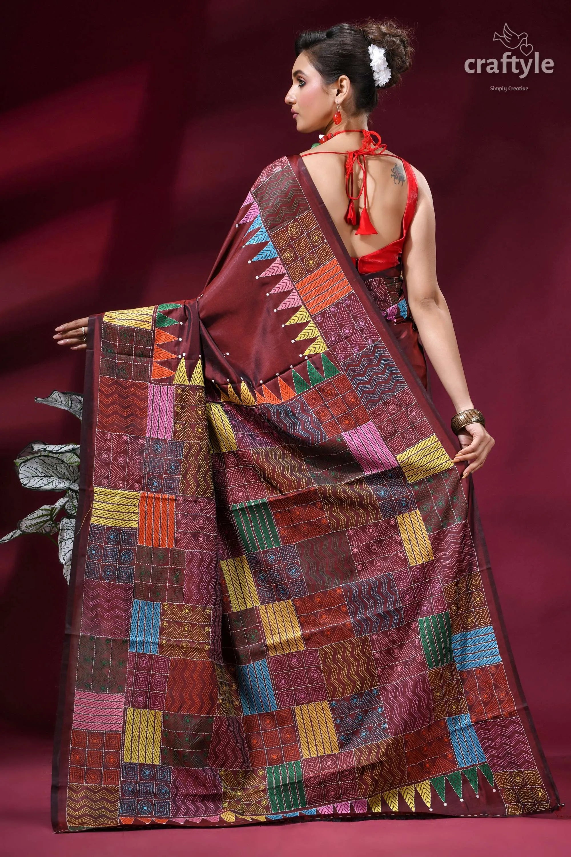 Multicolor geometric design silk kantha stitch saree - copper rust maroon patchwork saree colorful geometric 4