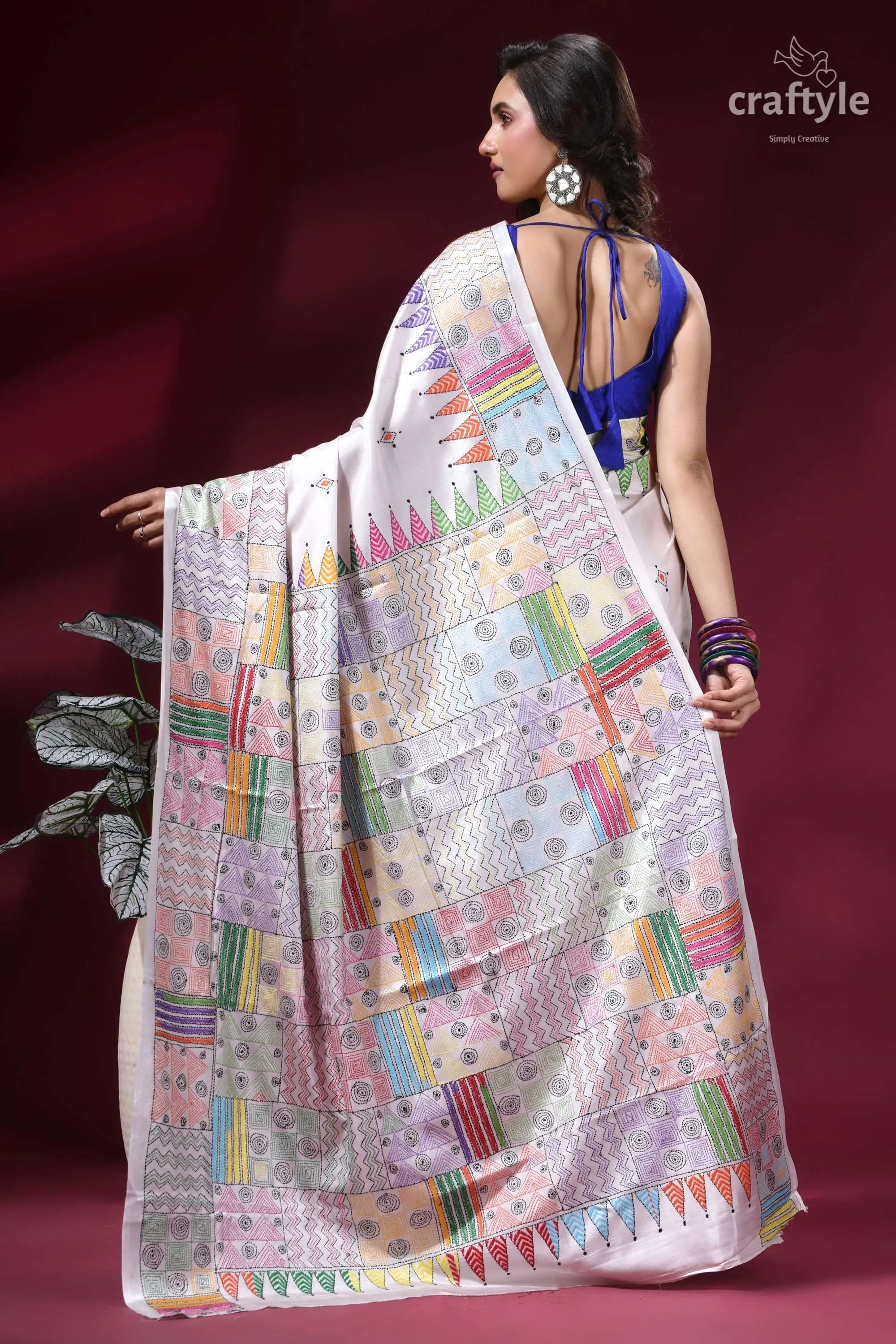 Multicolor geometric pattern silk kantha stitch saree in white vibrant hand-painted silk saree patchwork 4