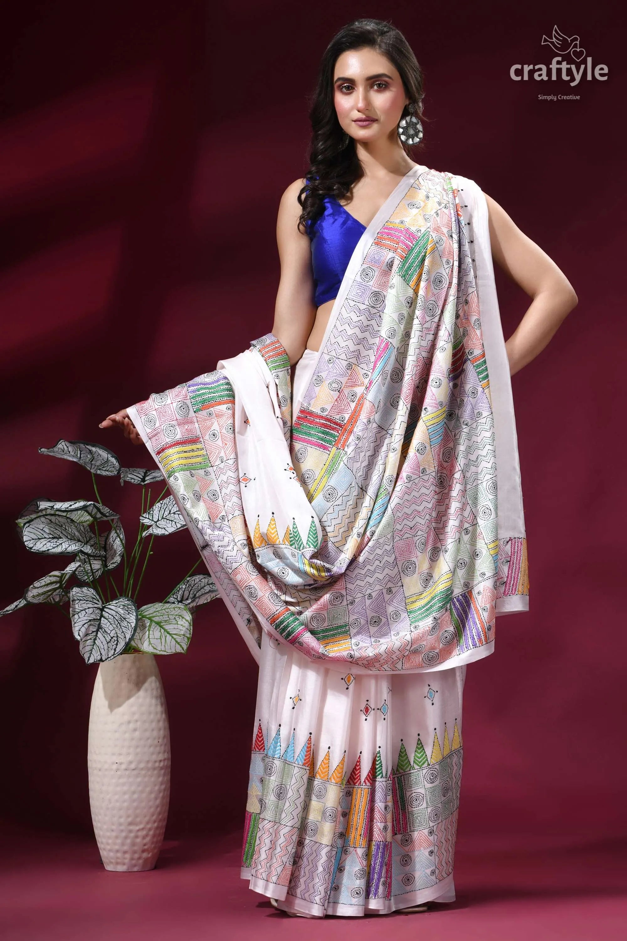 Multicolor geometric pattern silk kantha stitch saree in white woman wears white saree colorful 5