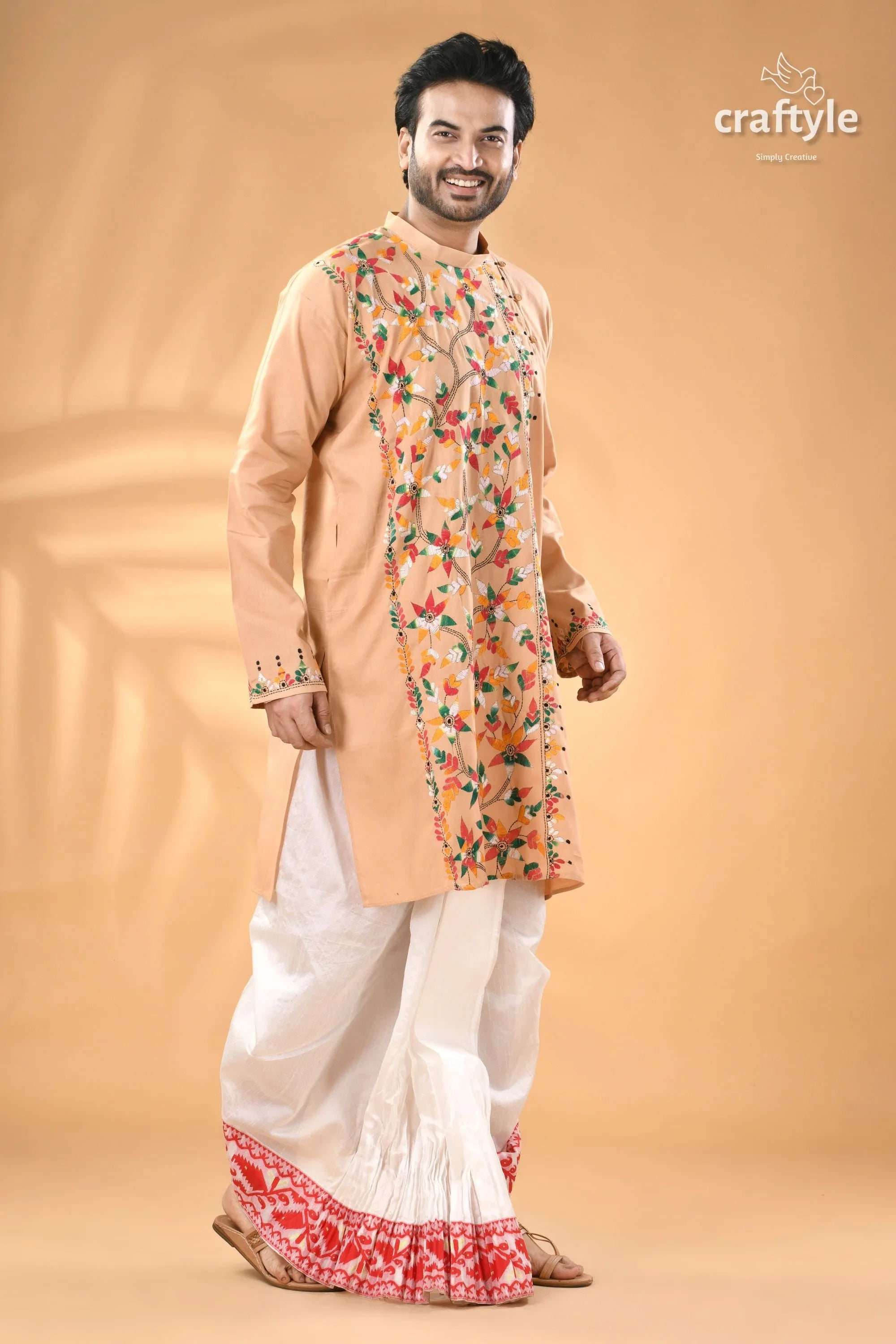 Multicolor grain brown kantha embroidered cotton mens kurta men’s peach-colored kurta colorful floral 4