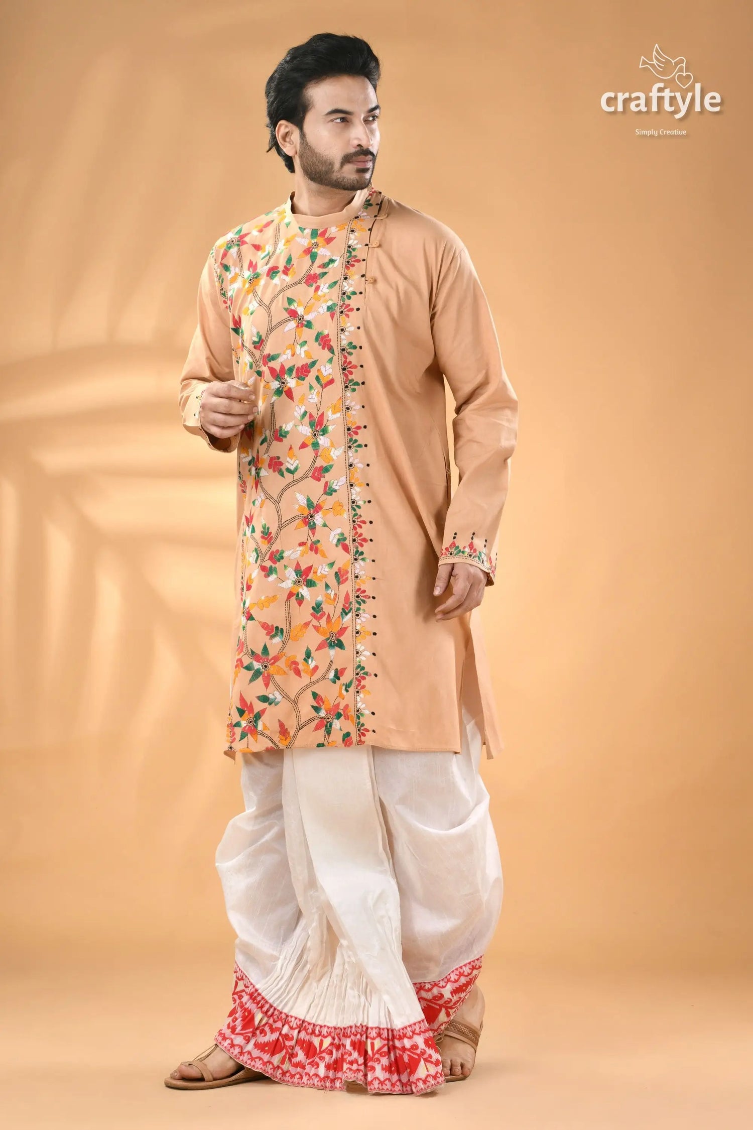 Multicolor grain brown kantha embroidered cotton mens kurta men’s peach colored embroidered kurta white 5