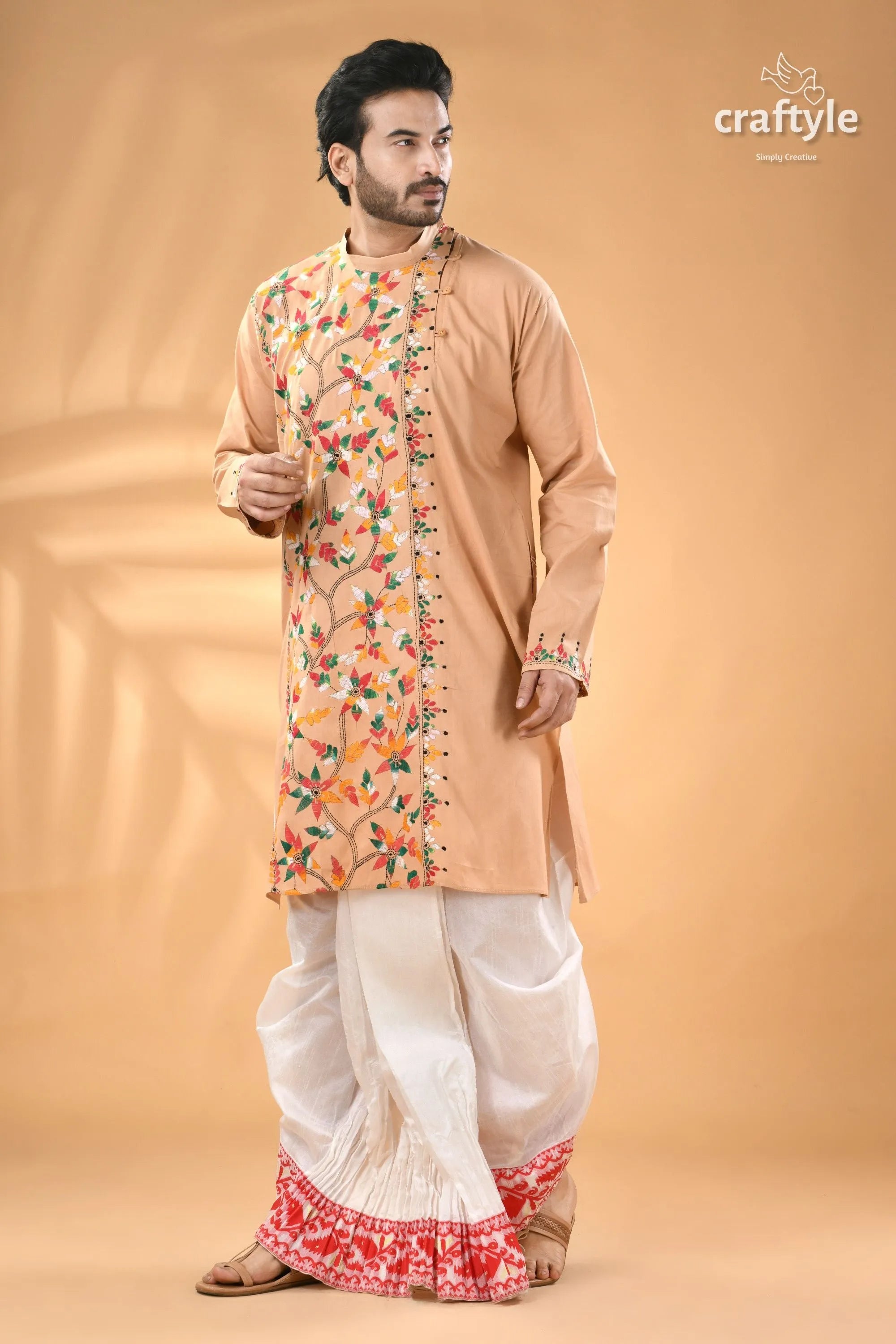 Multicolor grain brown kantha embroidered cotton mens kurta men’s peach-colored embroidered kurta white 5