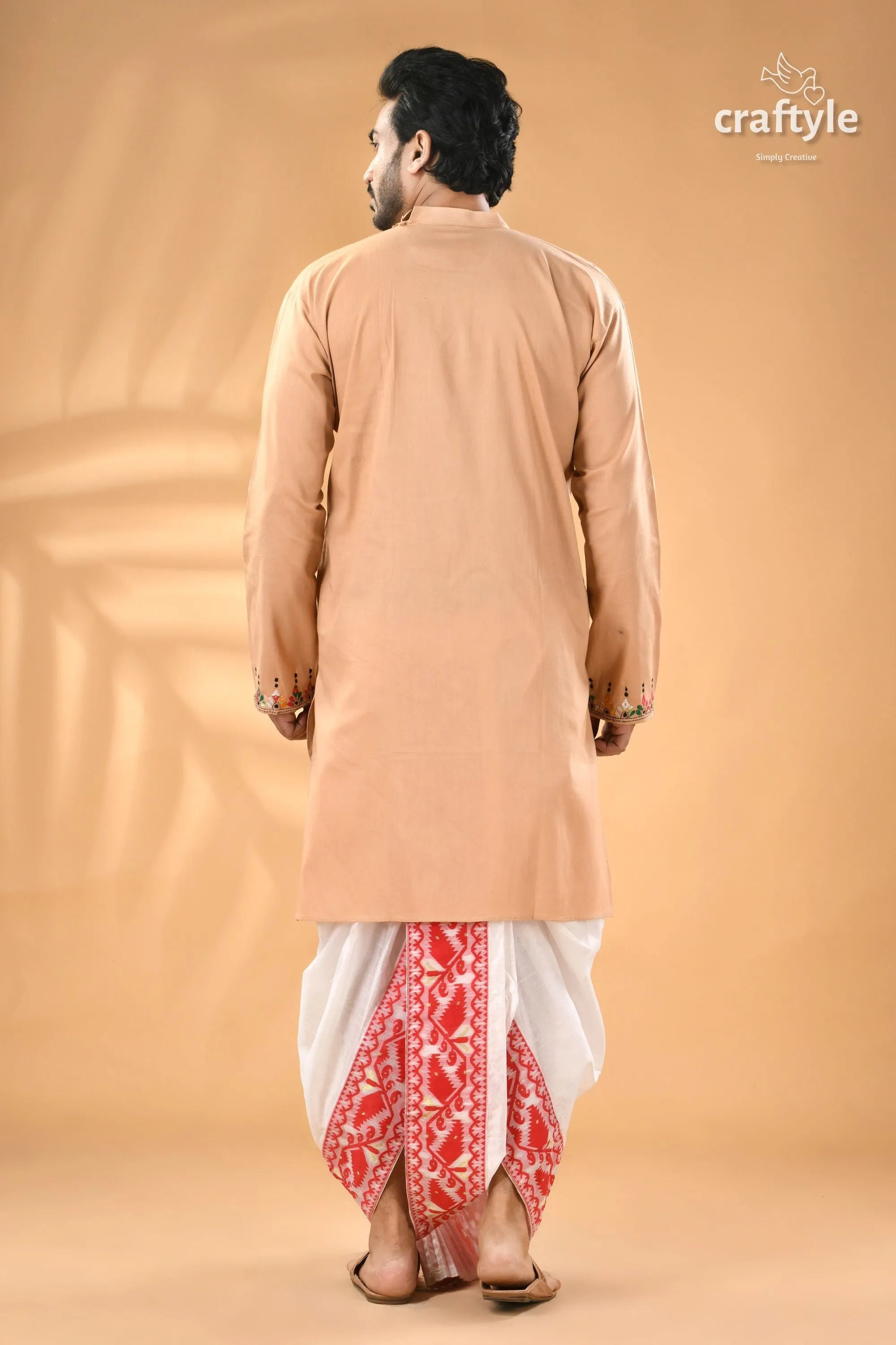 Multicolor grain brown kantha embroidered cotton mens kurta men’s peach-colored kurta white red 6