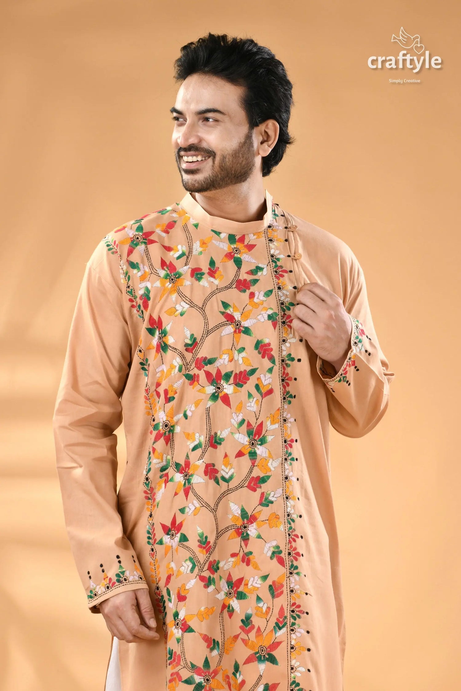 Multicolor grain brown kantha embroidered cotton mens kurta men’s peach colored kurta colorful floral 2