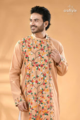 Multicolor grain brown kantha embroidered cotton mens kurta men’s peach colored kurta colorful floral 2