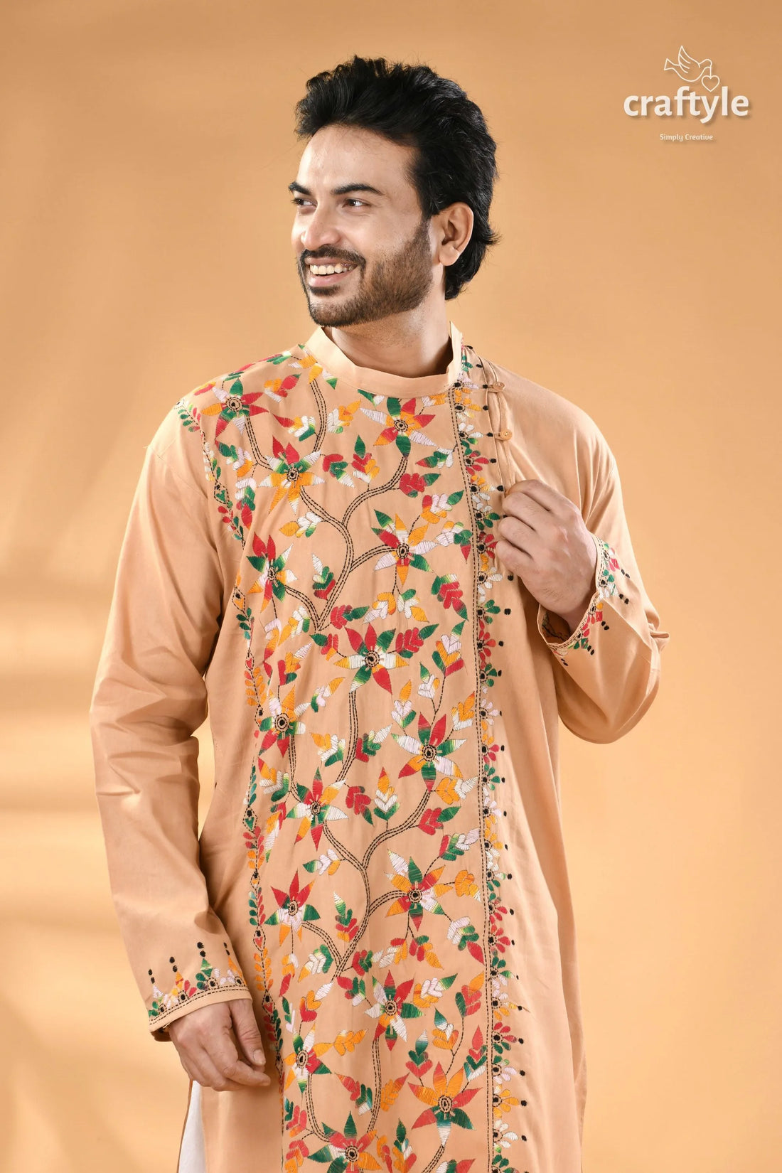 Multicolor grain brown kantha embroidered cotton mens kurta men’s peach-colored kurta colorful floral 2