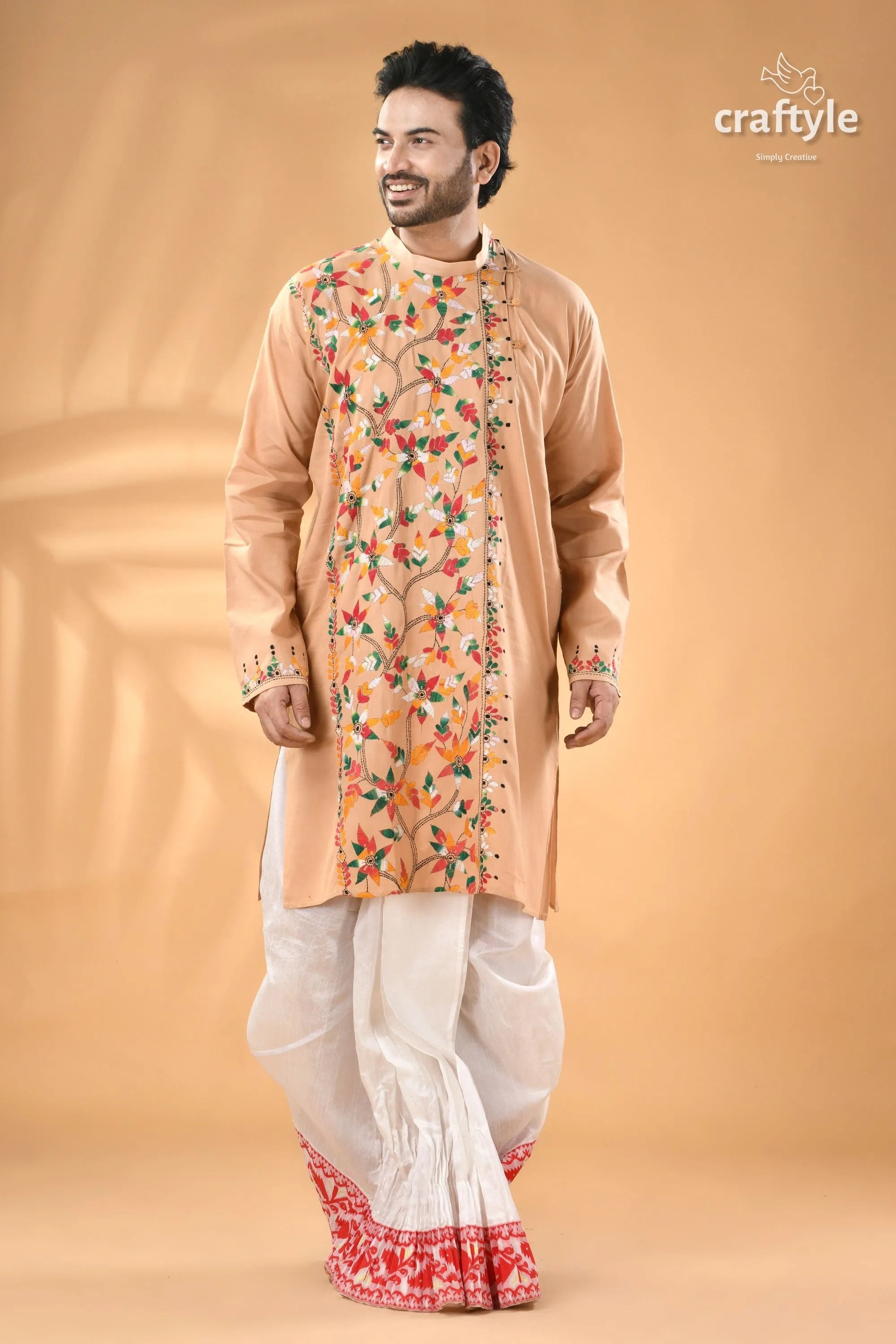 Multicolor grain brown kantha embroidered cotton mens kurta men’s peach-colored embroidered kurta white 3