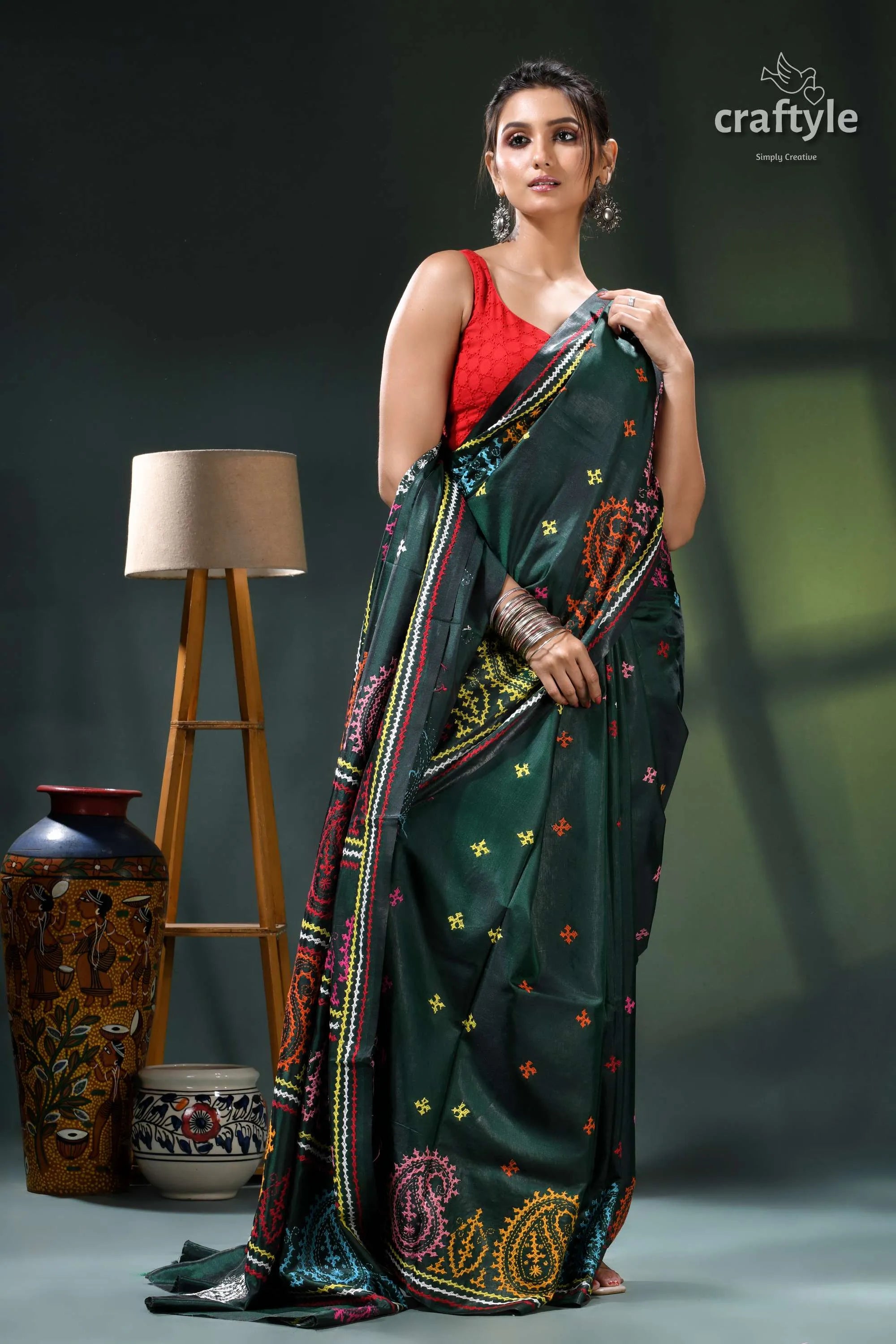 Multicolor gujrati stitch silk saree in bottle green - hand embroidery dark green saree intricate embroidery 4