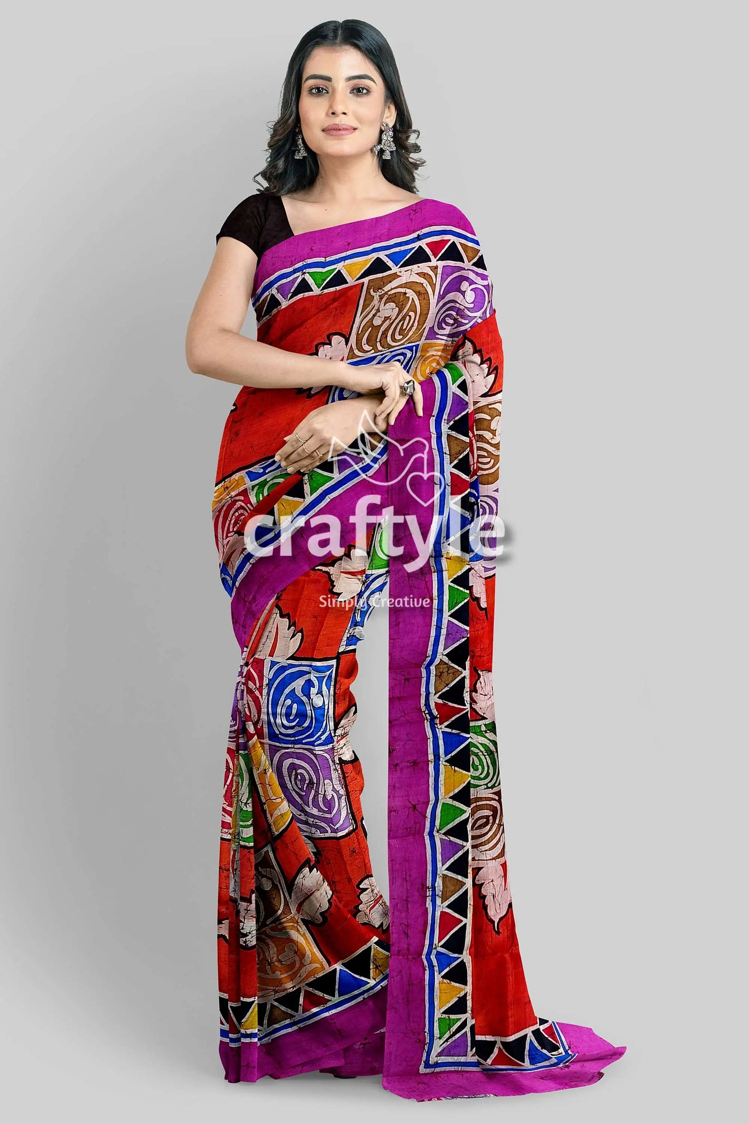 Multicolor hand batik pure mulberry silk saree - red magenta patterned saree 5