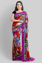 Multicolor hand batik pure mulberry silk saree - red magenta patterned saree 5