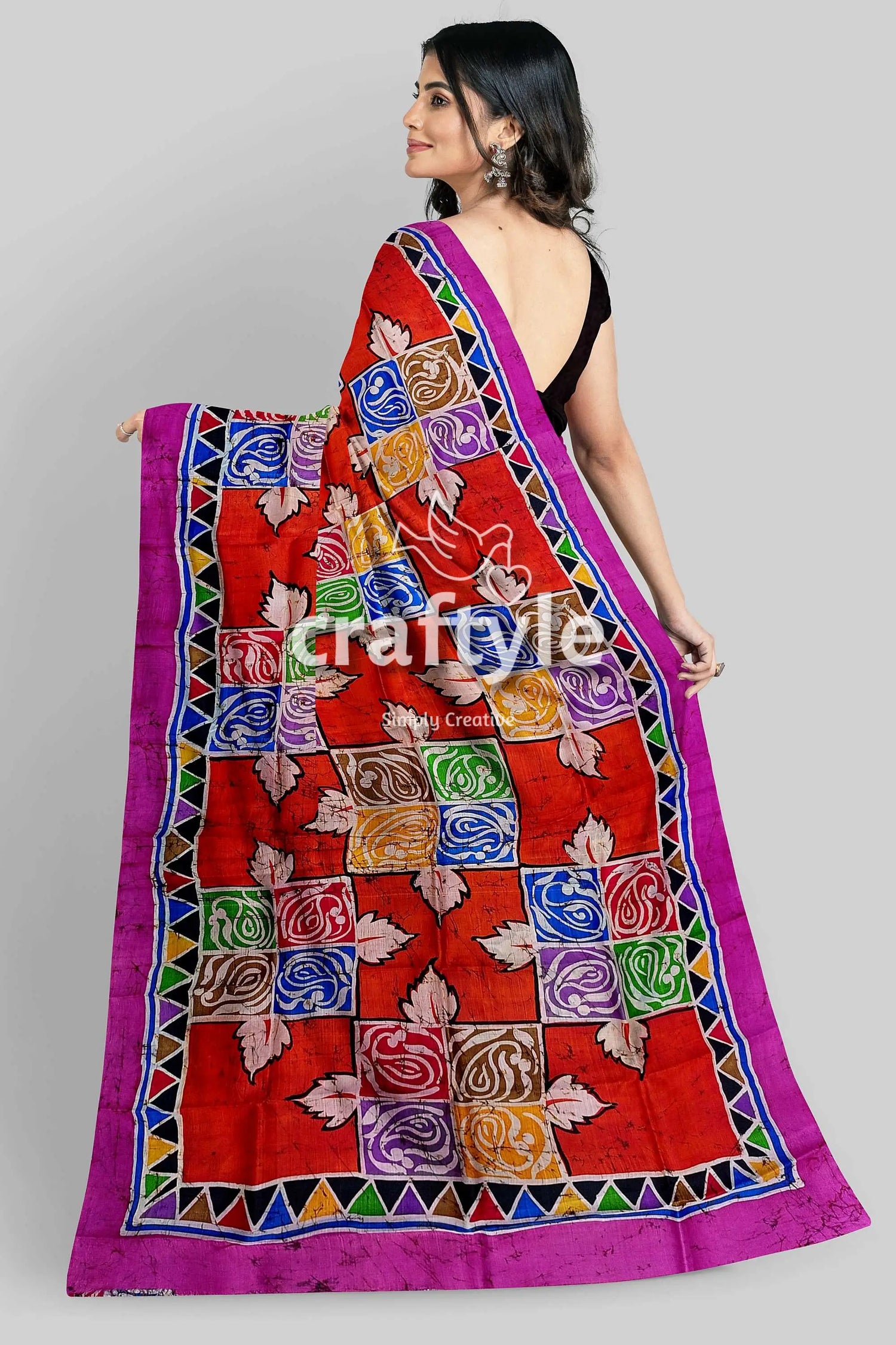 Multicolor hand batik pure mulberry silk saree - red saree colorful square leaf 6