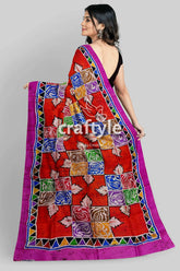 Multicolor hand batik pure mulberry silk saree - red saree colorful square leaf 6