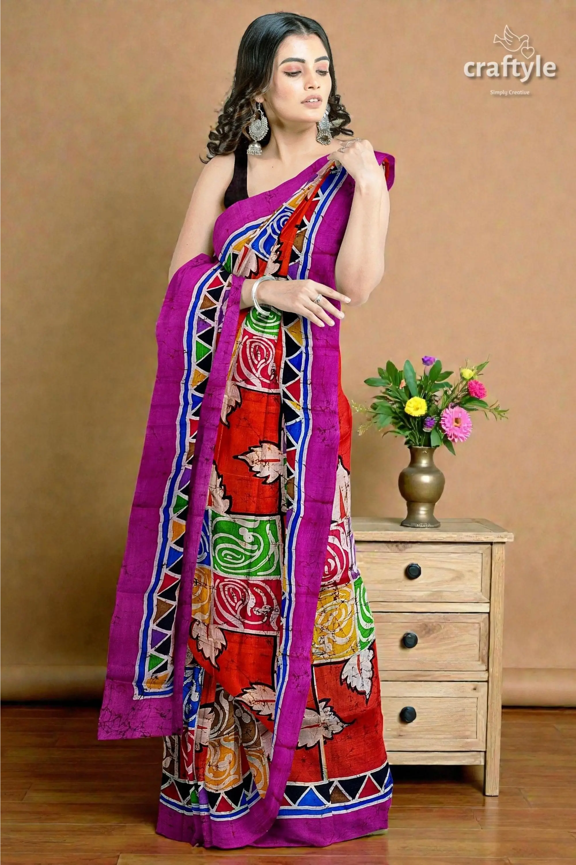 Multicolor hand batik pure mulberry silk saree - 5